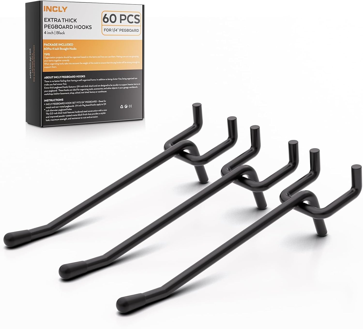 60 Pack 4 Inch Black Pegboard Hooks, 1/4" Heavy Duty Peg Board Shelving Hooks Ac