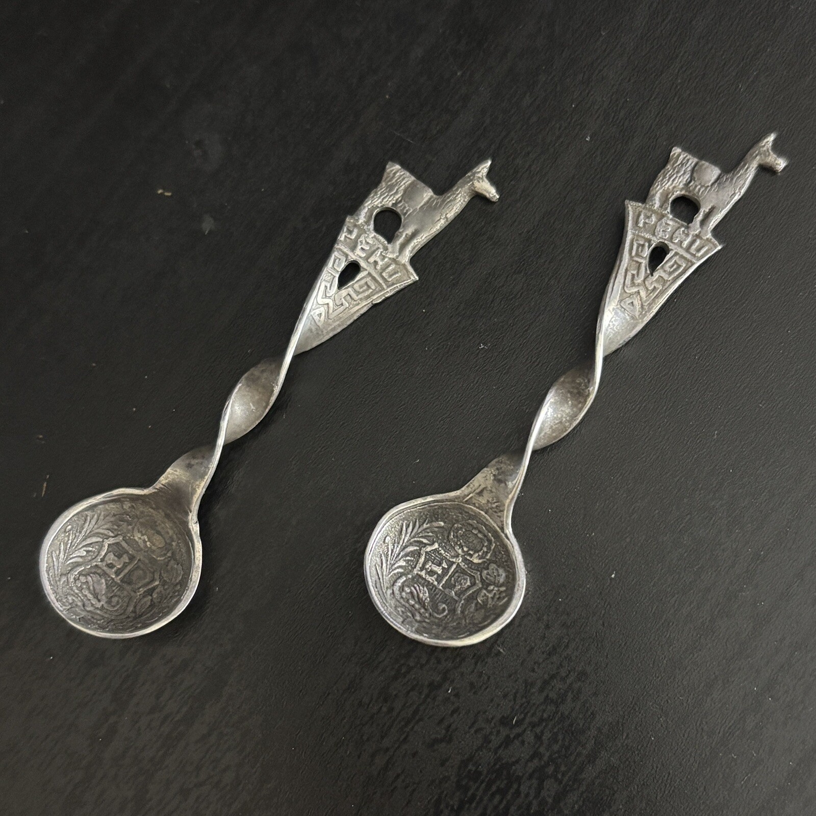 Sterling Silver 925 Peru Salt Spoons Llama Coat of Arms Crest Vintage 50-60's