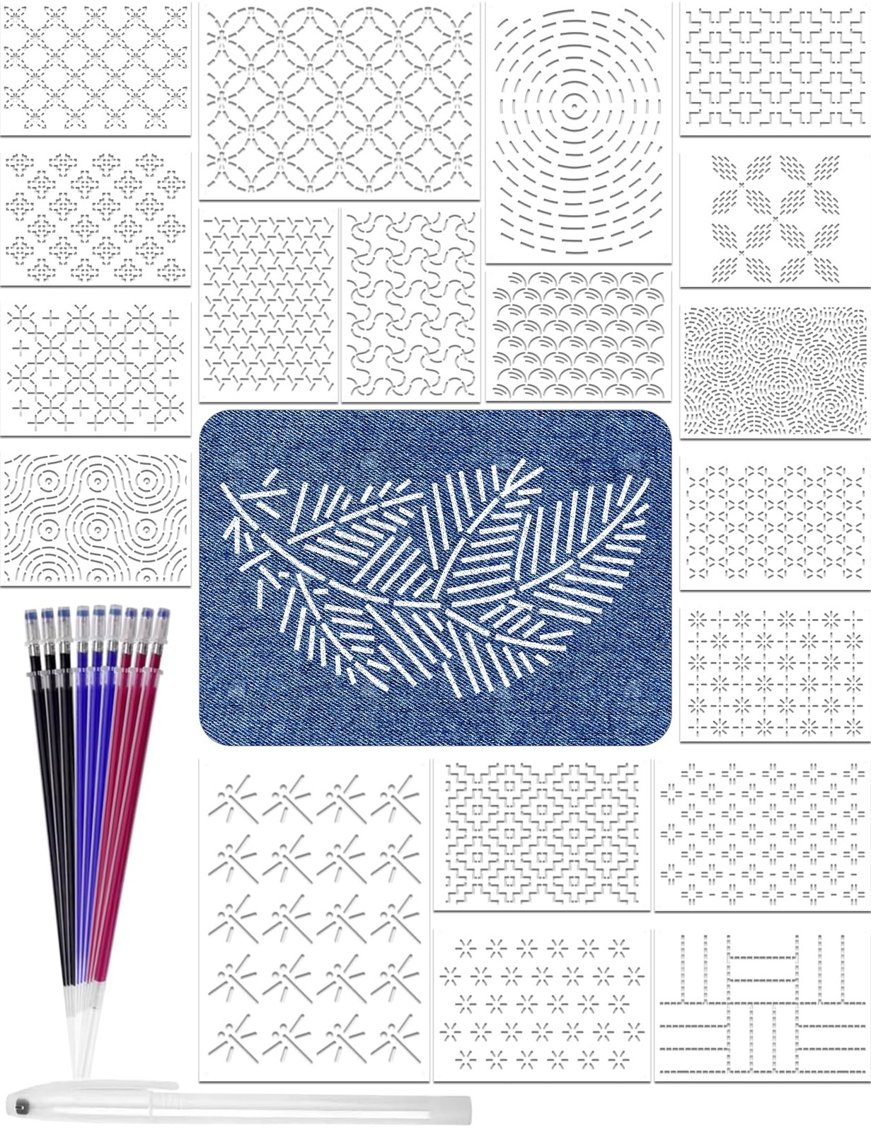 20 Pcs Sashiko Stencils 8.3 x 5.9 Inch Plastic Sashiko Template Pattern Geome...