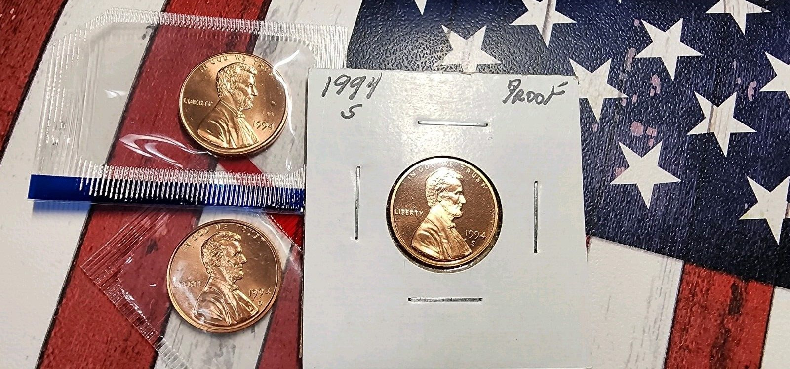 1994 P D S Lincoln-2 BU in Mint Cello+ Proof- 3 coins total  "FREE SHIPPING"