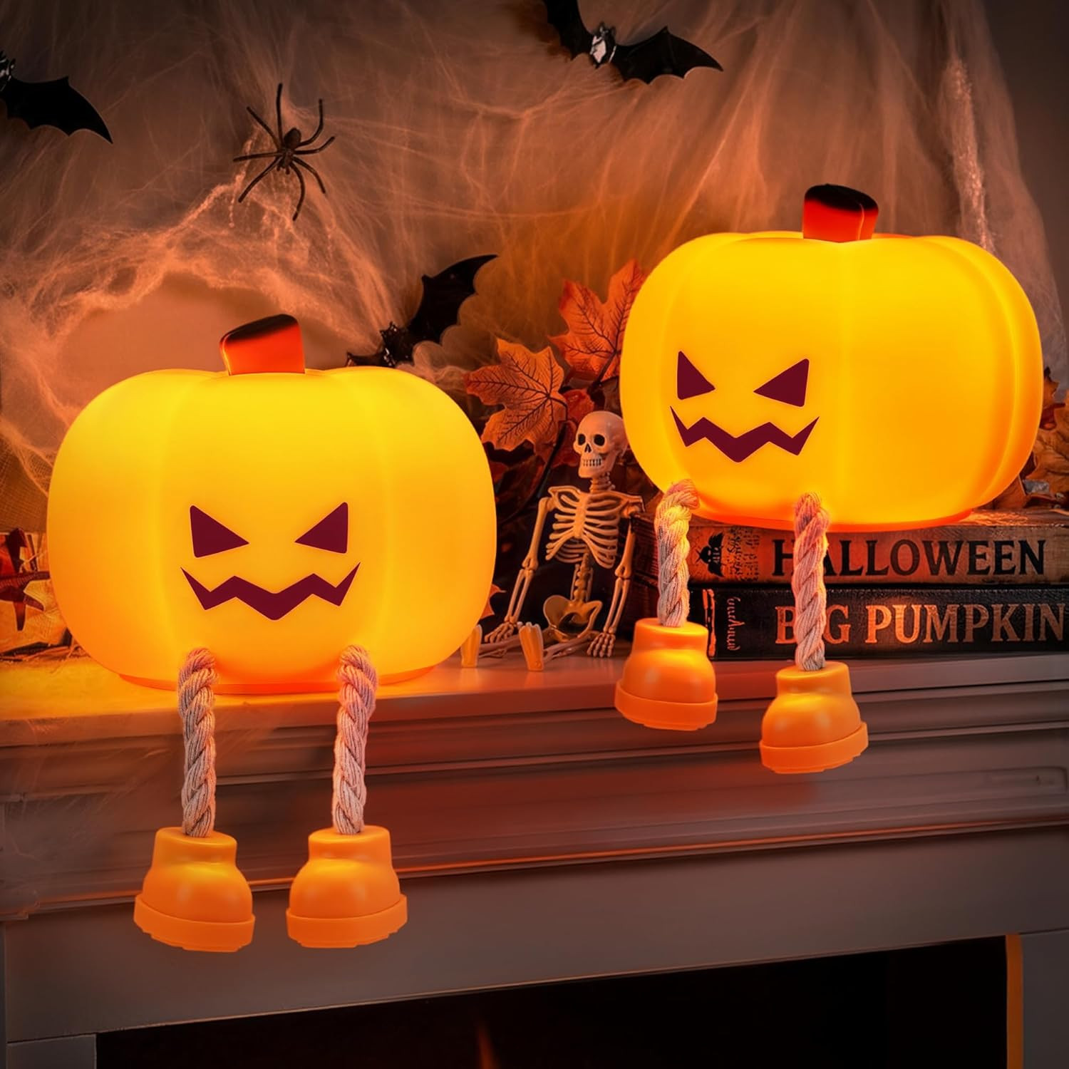 Halloween Night Light, 2 Pack Pumpkin Nightlight Fall Desk Decor | Rechargeable;