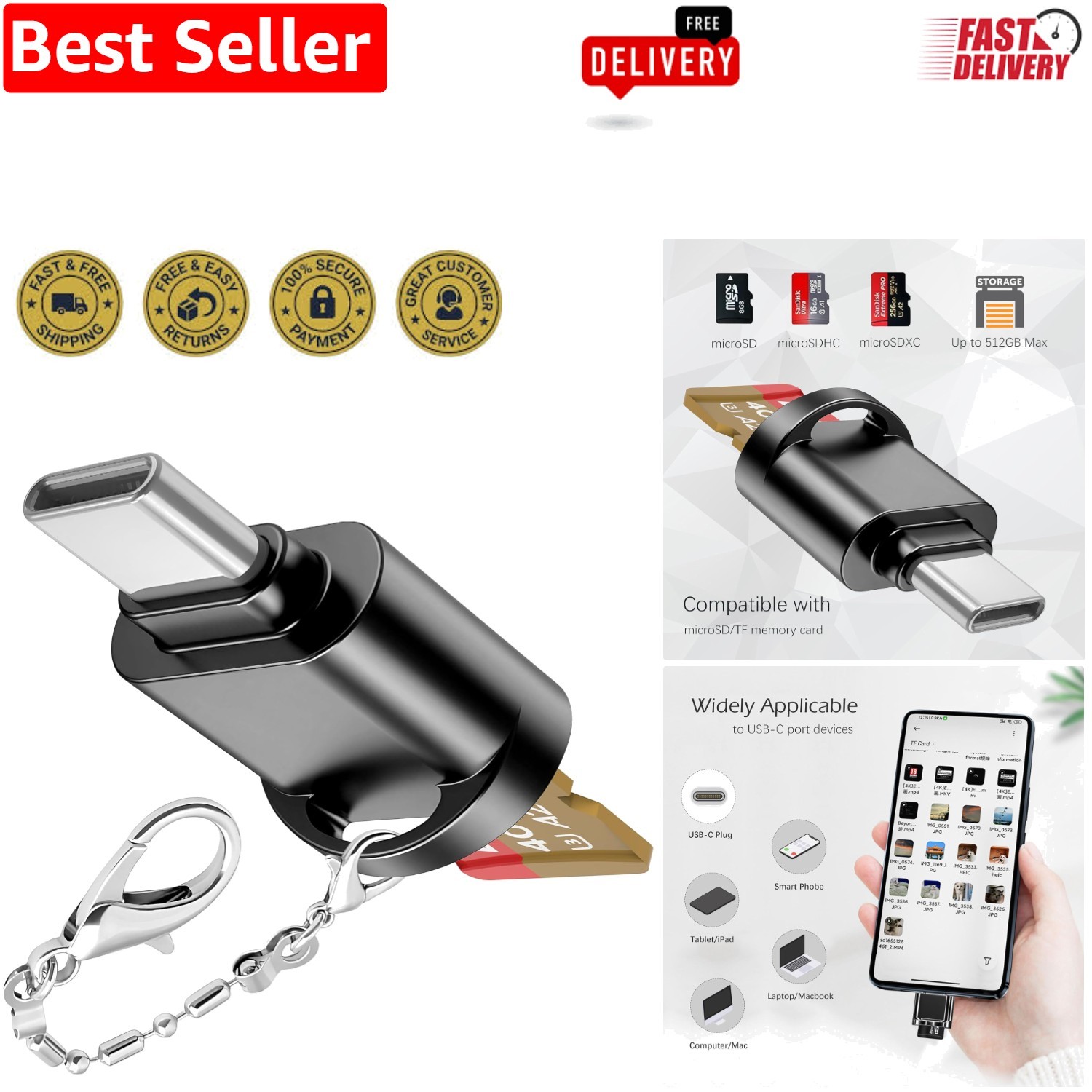 High-Speed USB-C Micro SD Card Reader - 480Mbps Transfer Rate & Keychain Design