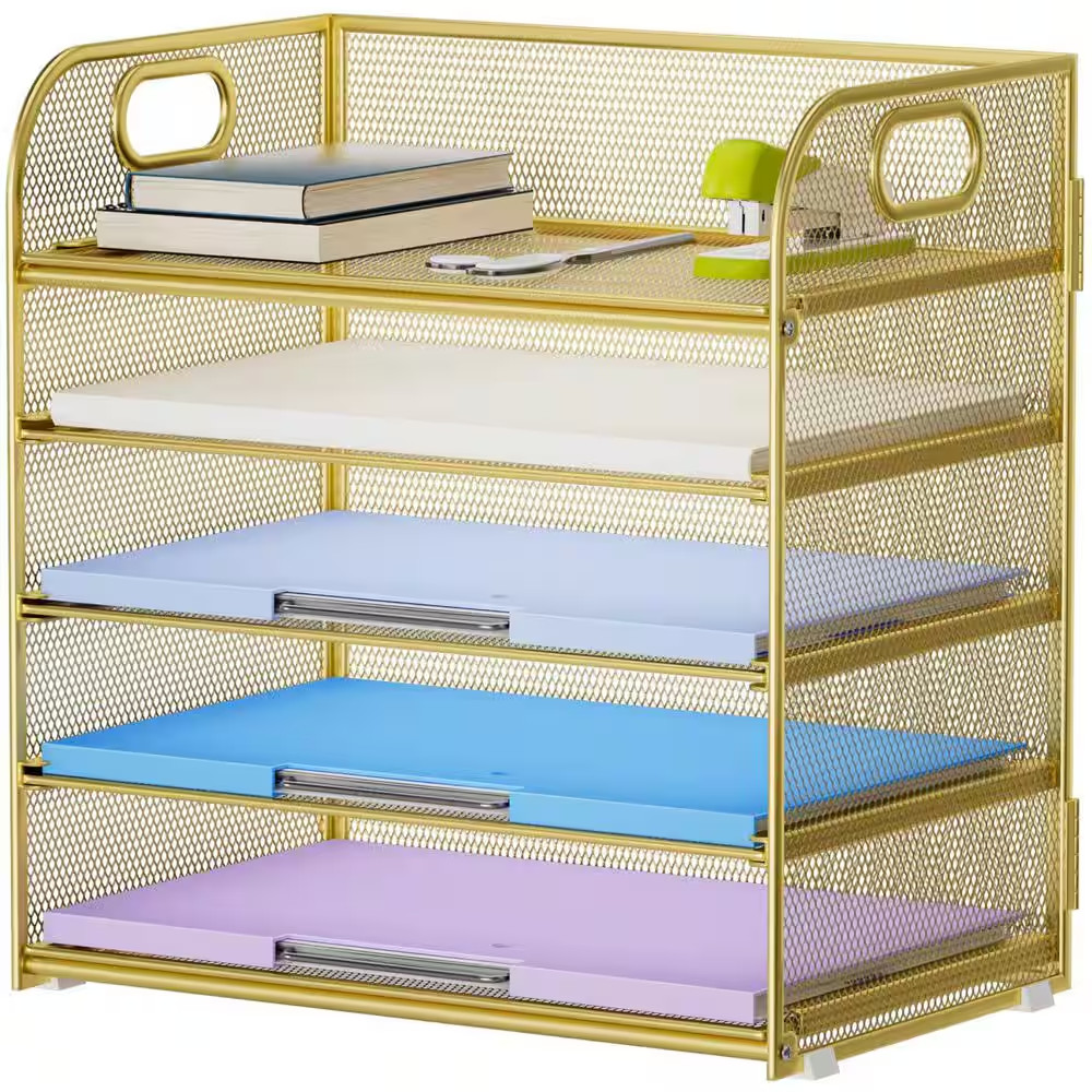 12.6 in X 13.4 in Gold Metal 5 Tier Paper Organizer Letter Tray, Mesh Desk File