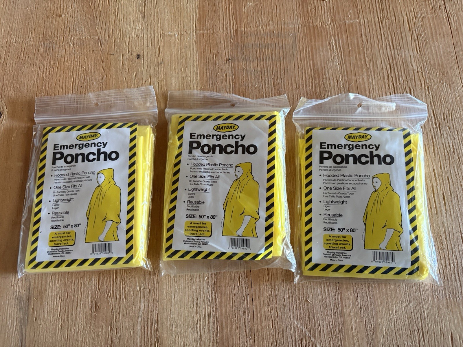 MAYDAY Emergency Poncho Adult Reuseable Hooded for Camping Hiking Outdoors 3pk