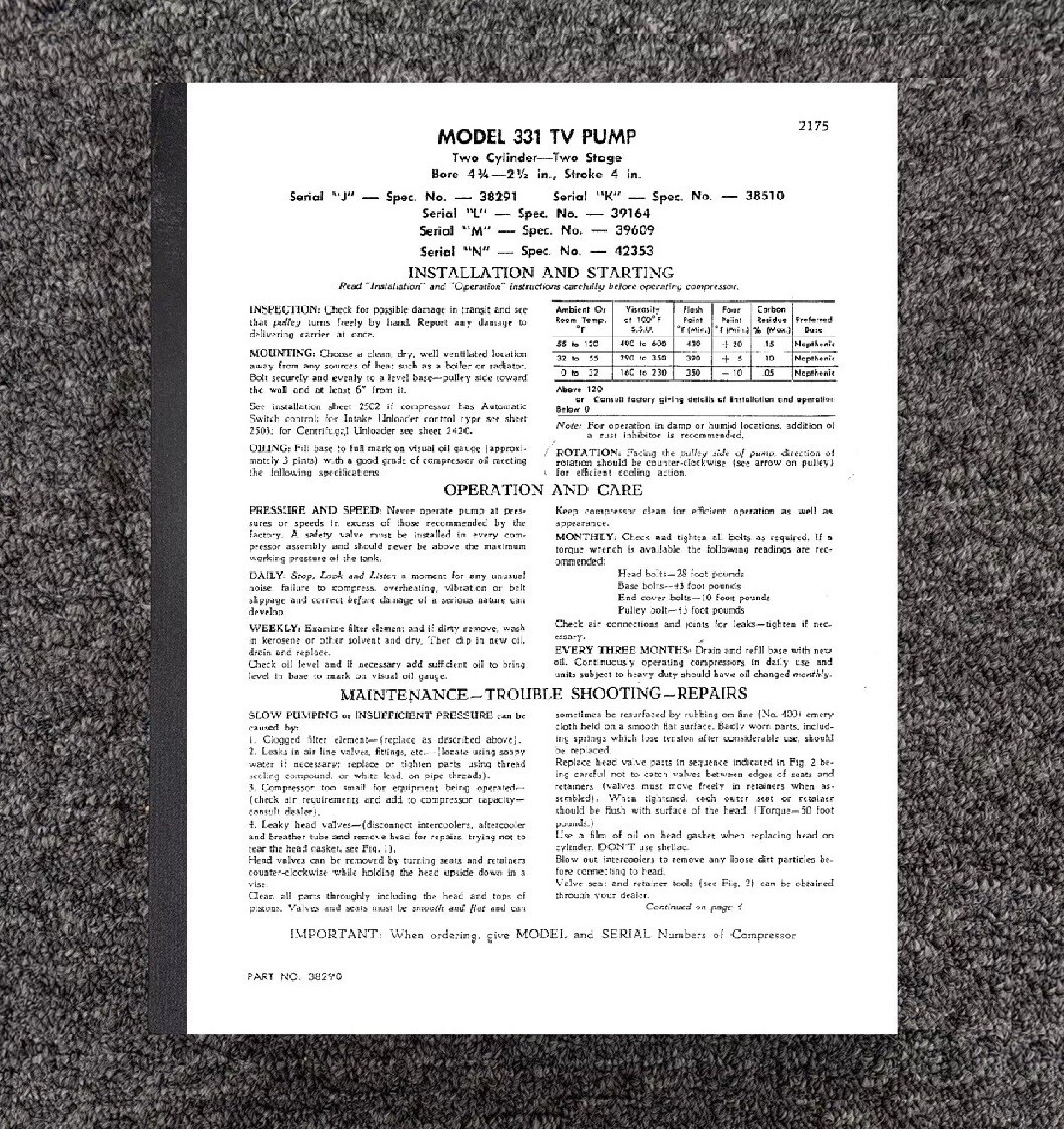 331 Two-Cyl Compressor Operator Maintenance & Parts Manual Fits Kellogg