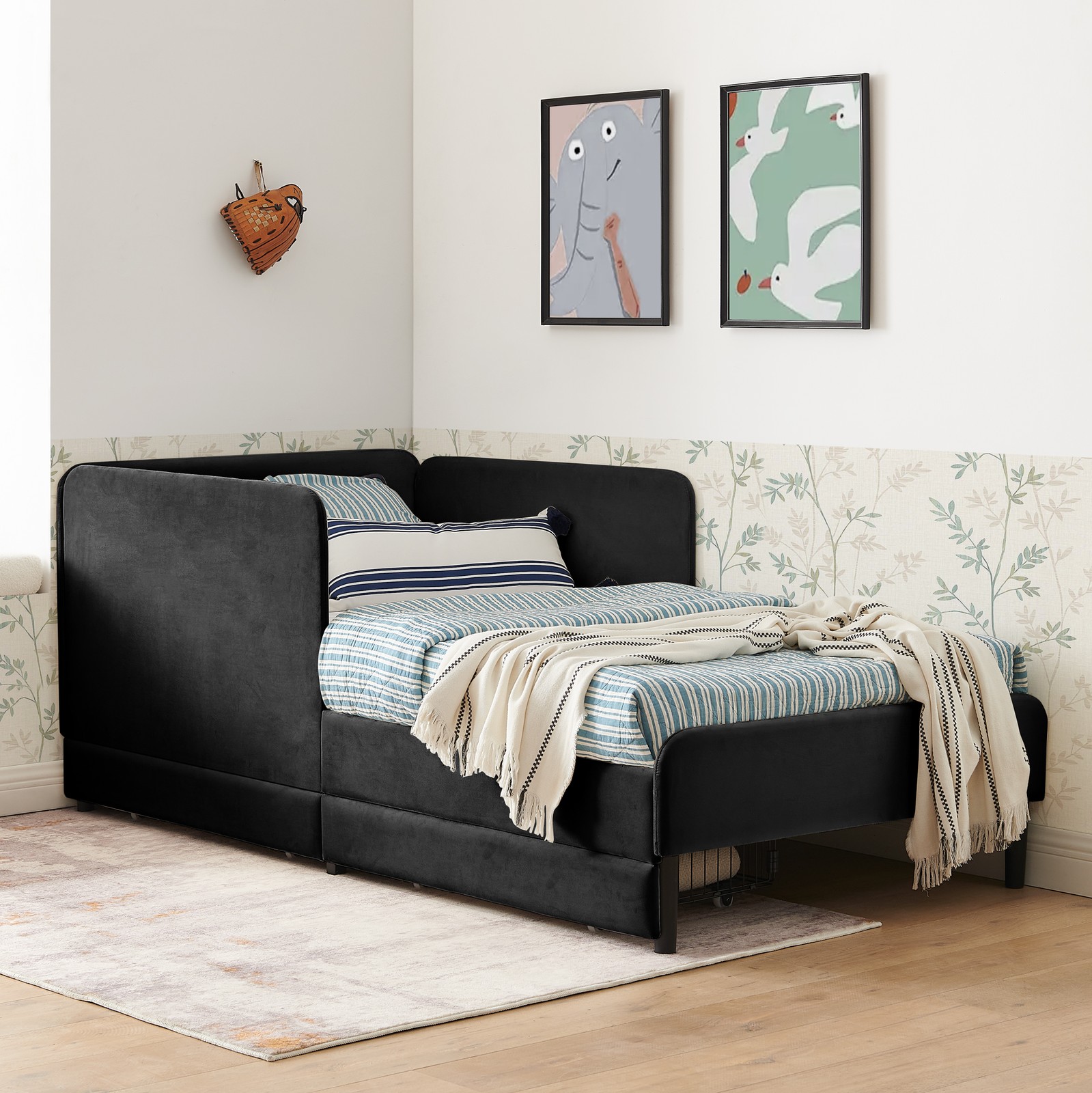 Twin Size Upholstered Platform Bed Frame with 2 Storage Drawers, Adjustable Vel