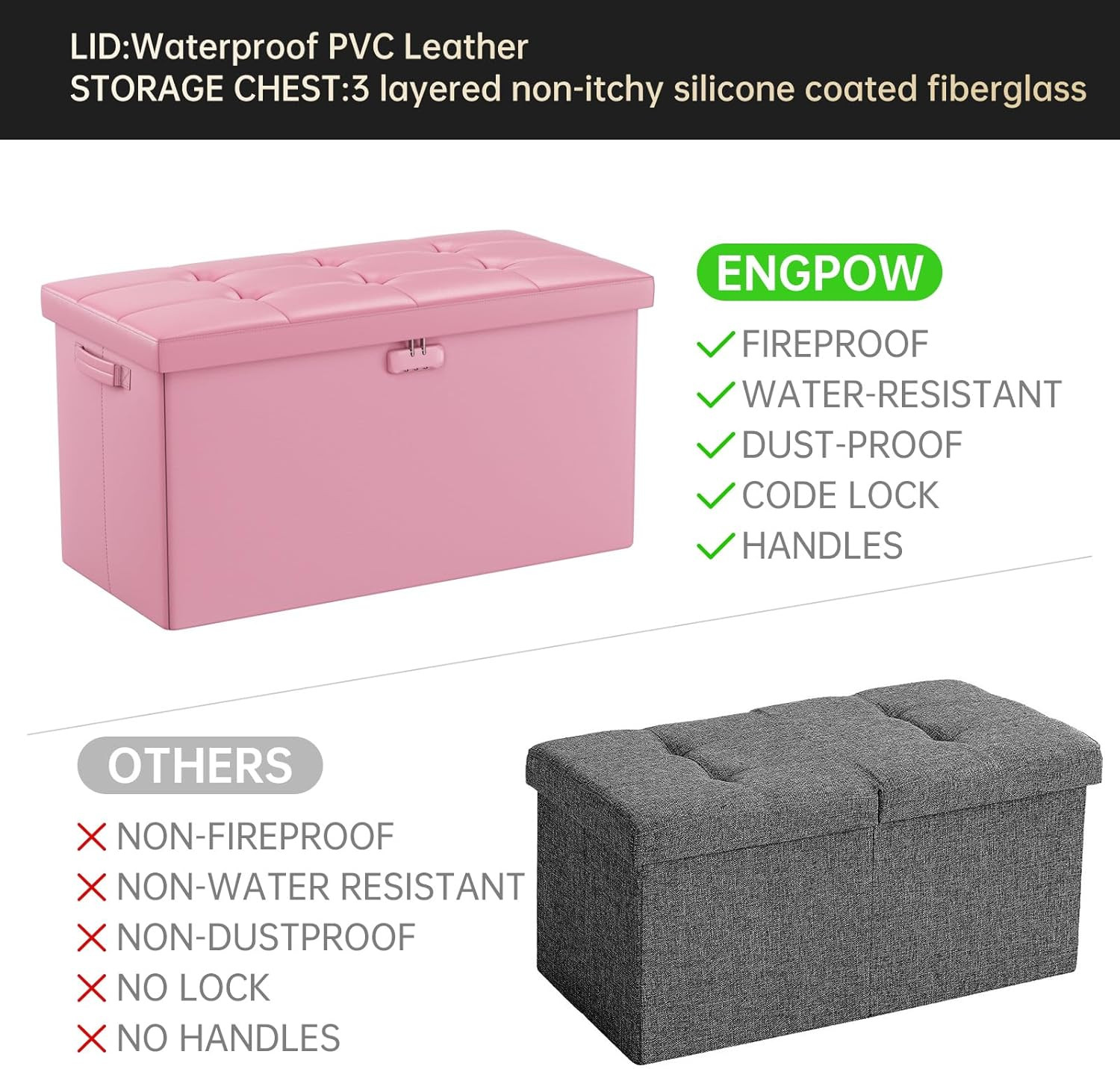 Storage Ottoman Bench,Fireproof Folding Bench with Lock,30 Inches Fire＆Water Res