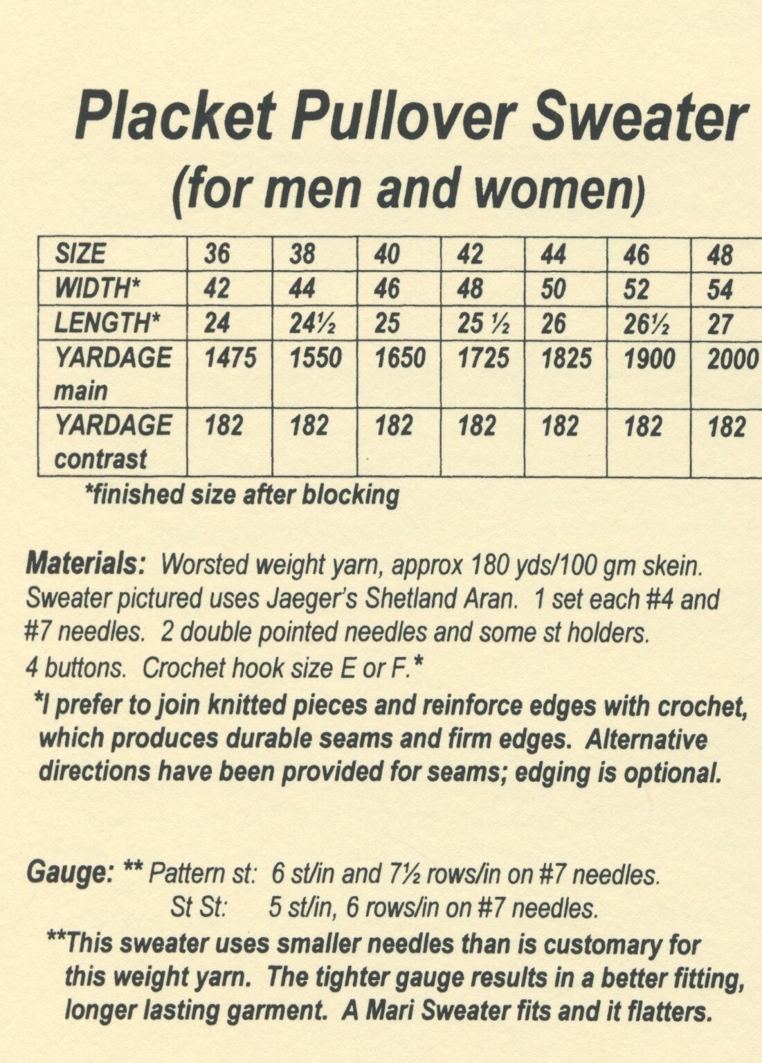 Mari Knitting Pattern MS 109 Placket Pullover Sweater for Men & Women 36"-48"
