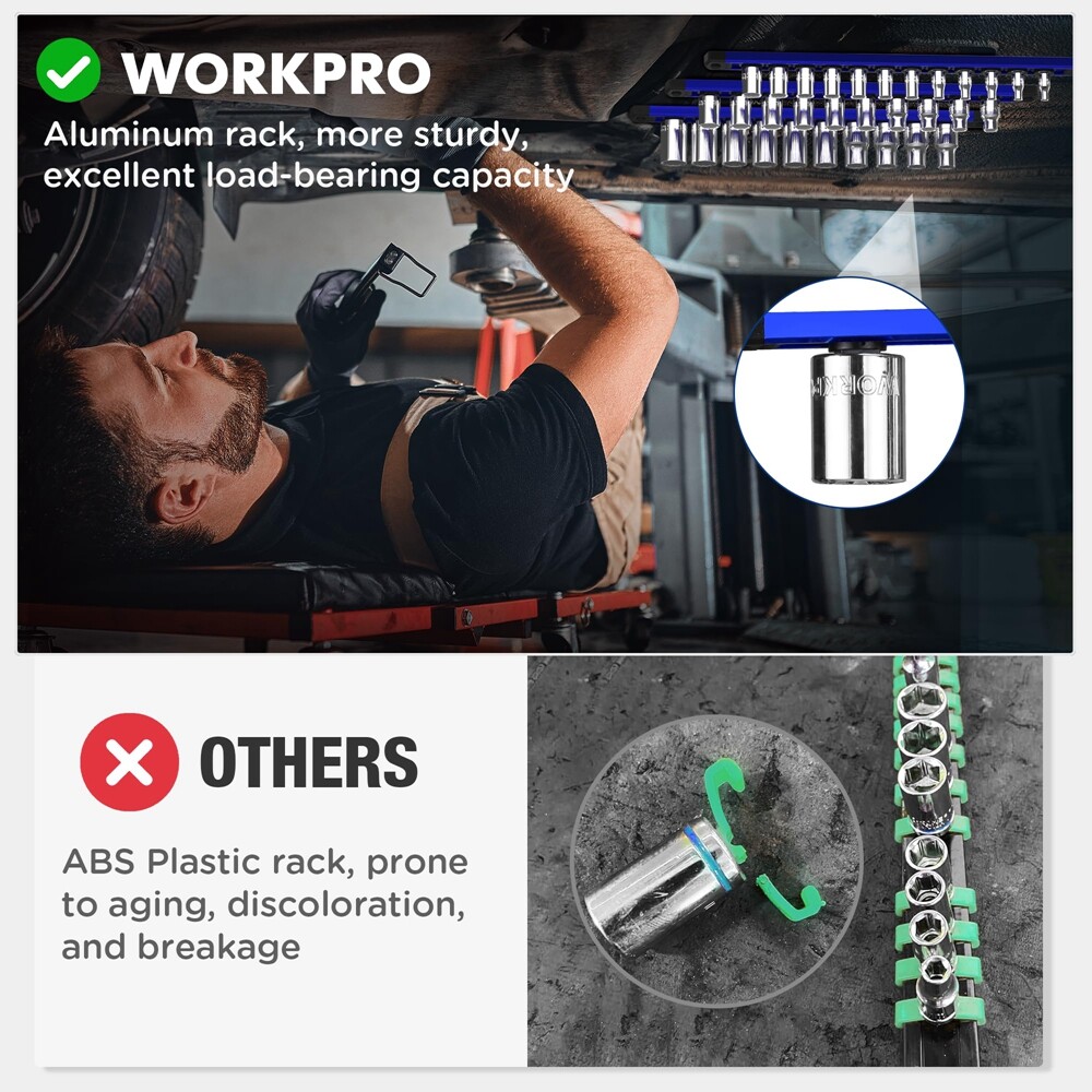 WORKPRO 6-Piece Magnetic Socket Organizer Sets Aluminum Alloy Socket Rail Holder