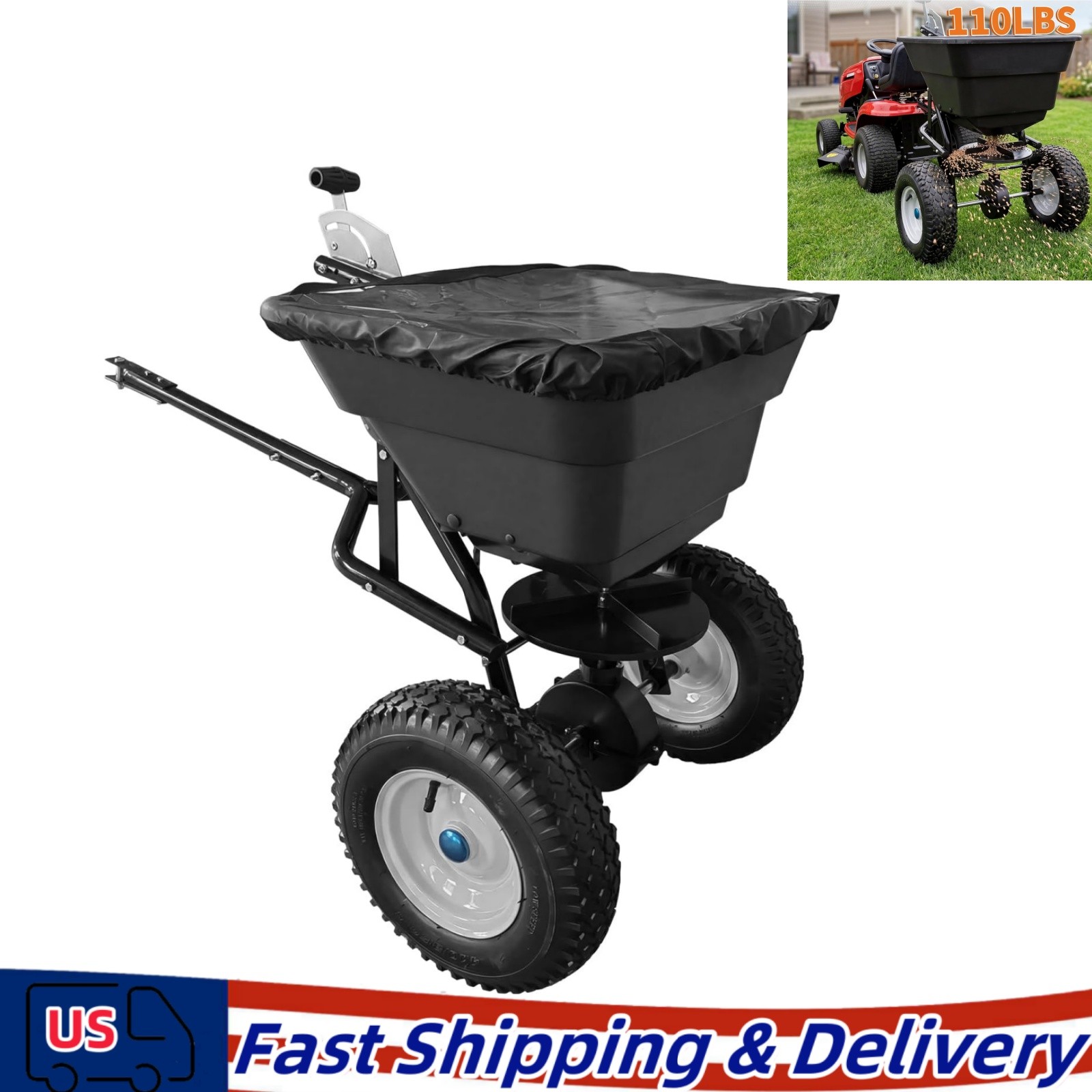 110LBS Tow Behind Broadcast Spreader with 12 Inch Tires Adjustable Flow Control