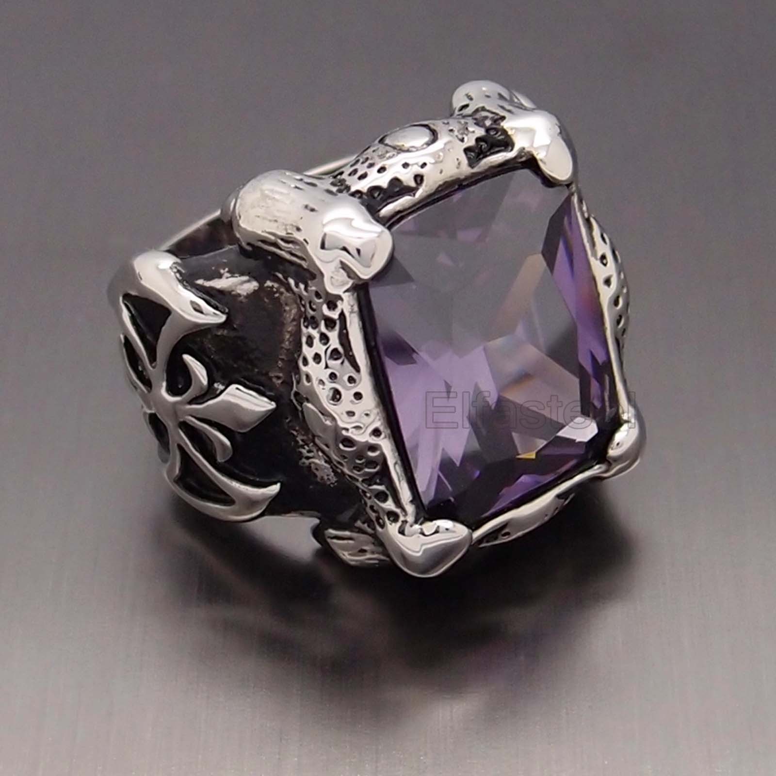 Men Silver Dragon Claw Purple CZ 316L Stainless Steel Biker Ring