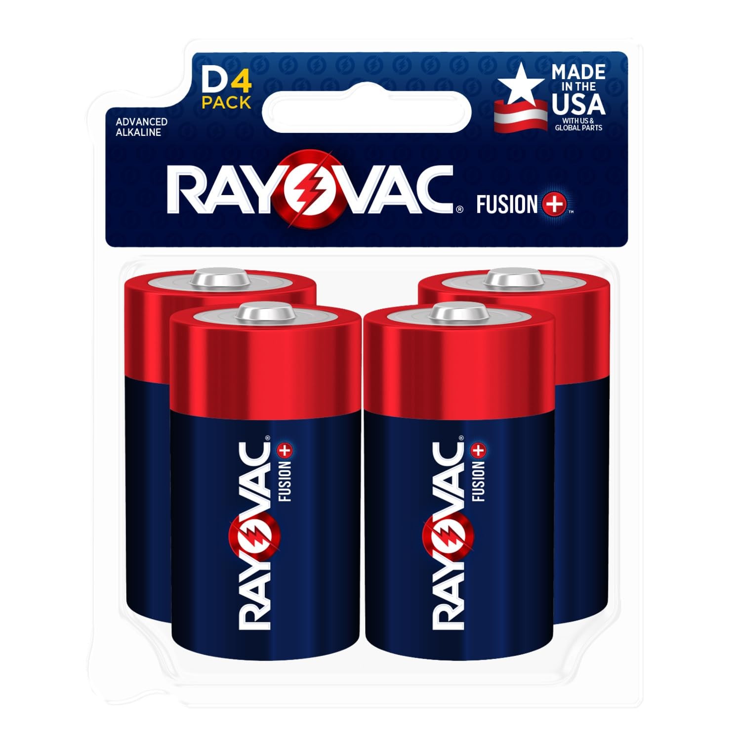 Rayovac Fusion D Batteries (4 Pack), Alkaline D Cell 4 Count, Multicolor
