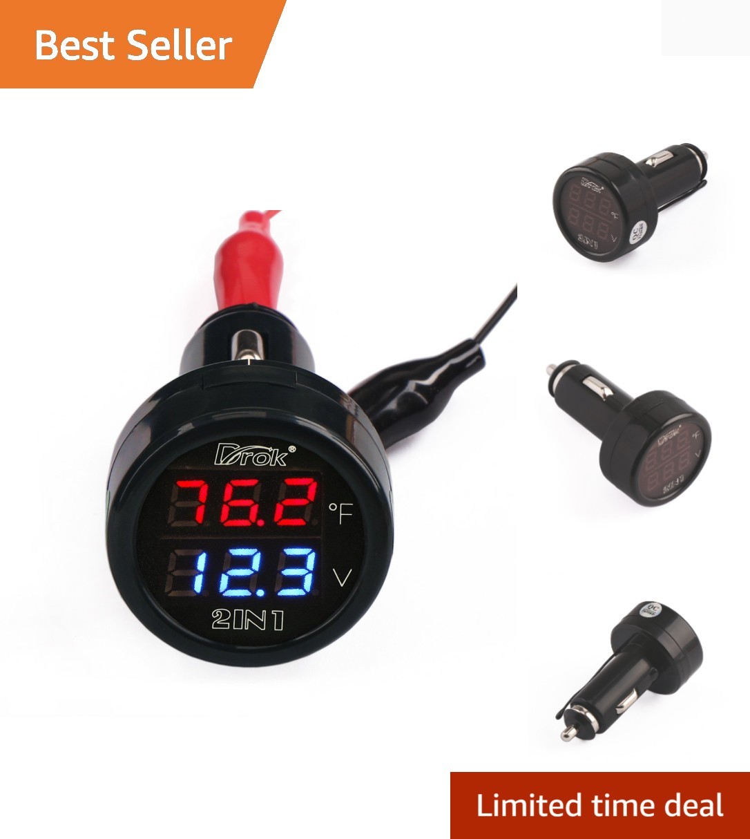 Dual Display Digital Voltmeter & Temp Monitor (10-170°F) for Cars & Motorcycles
