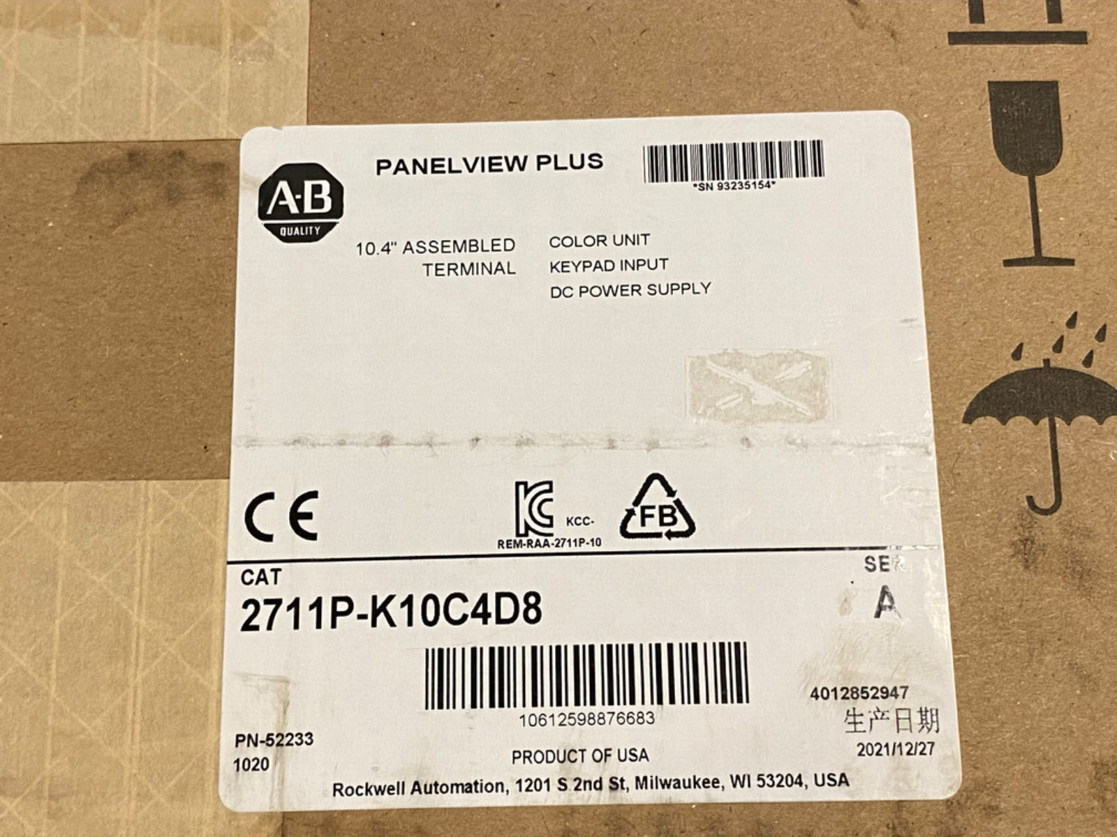 New ALLEN-BRADLEY 2711P-K10C4D8 Panelview Plus 10.4" Assembled Terminal