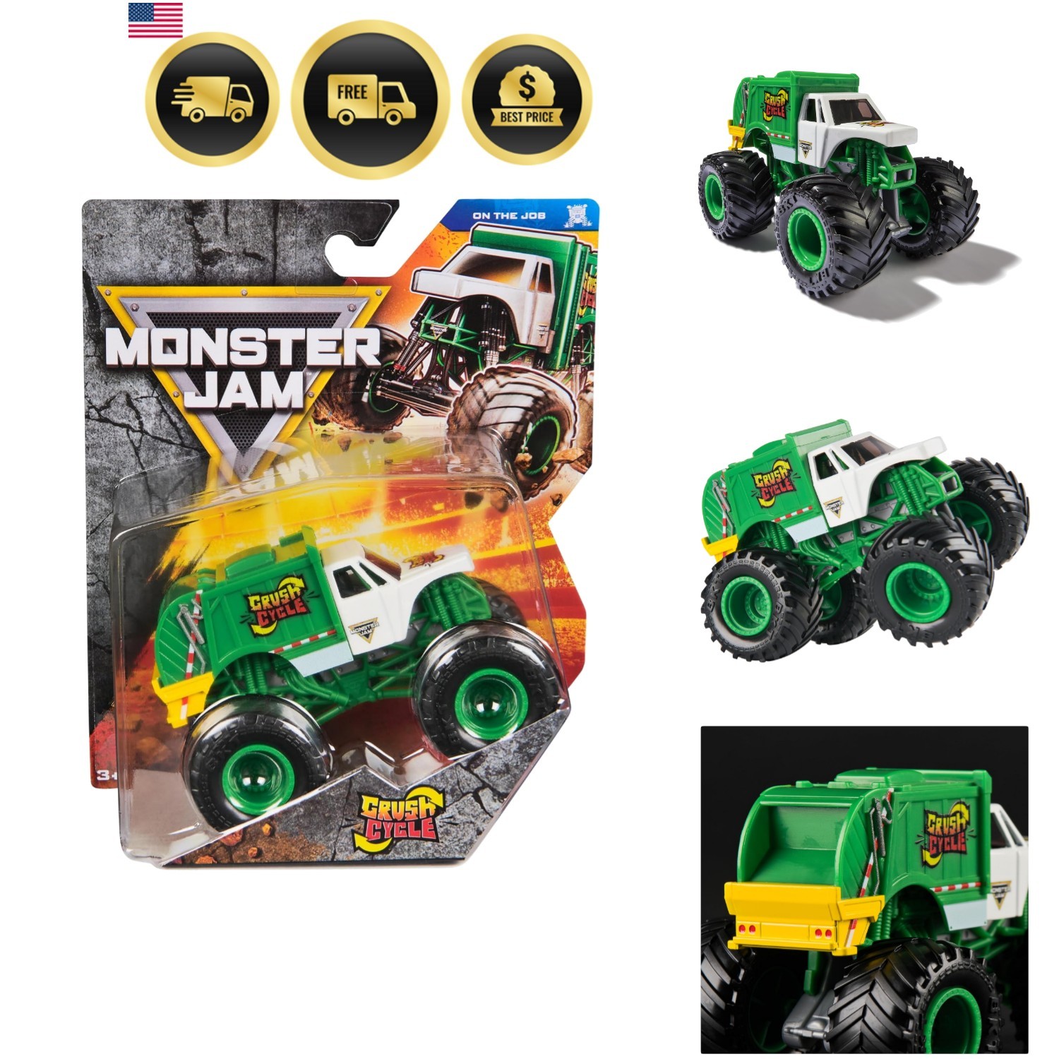 Official Crush Cycle Monster Truck, Die-Cast Vehicle, 1:64 Scale, Kids Toys f...