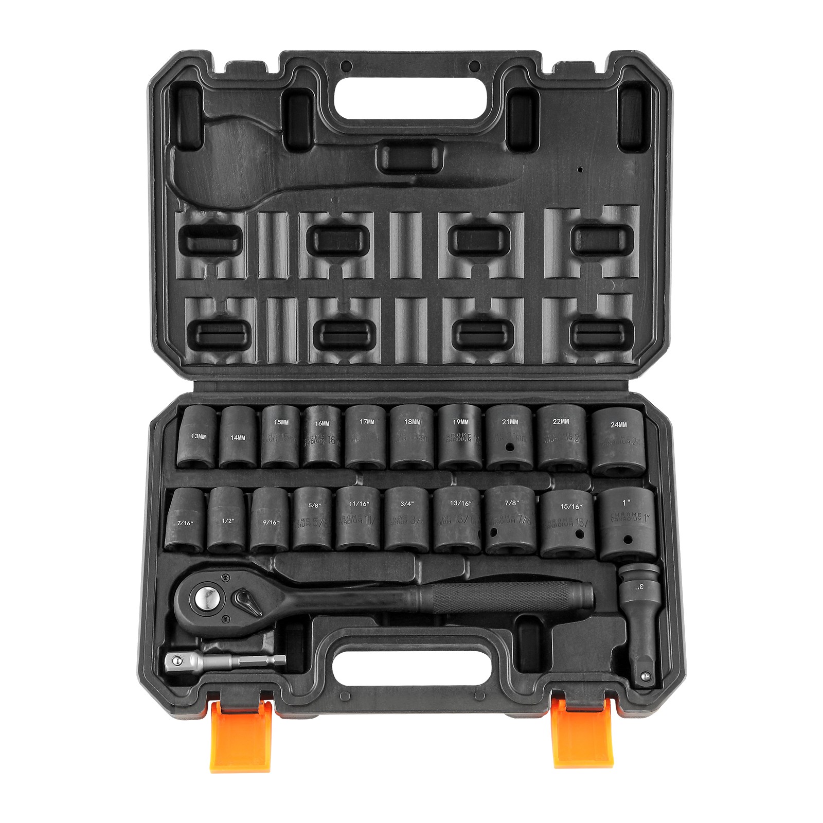 Impact Sockets Set 23pcs 6-Point 1/2in Drive Bit Ratchet Tool Kit Case