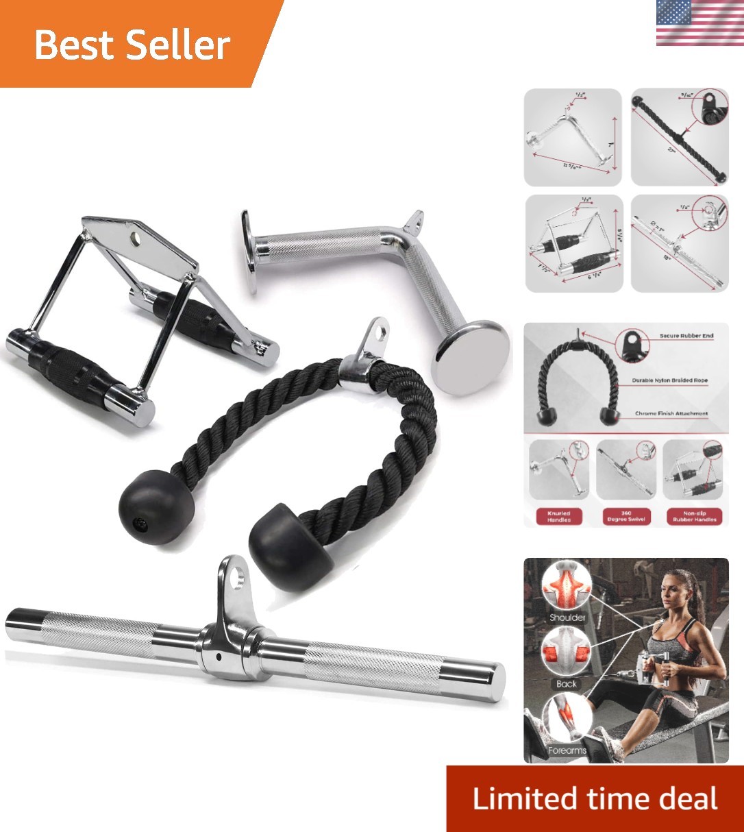 Versatile Cable Machine Attachments: Tricep Rope, Straight Bar & V Bar - 880 LB