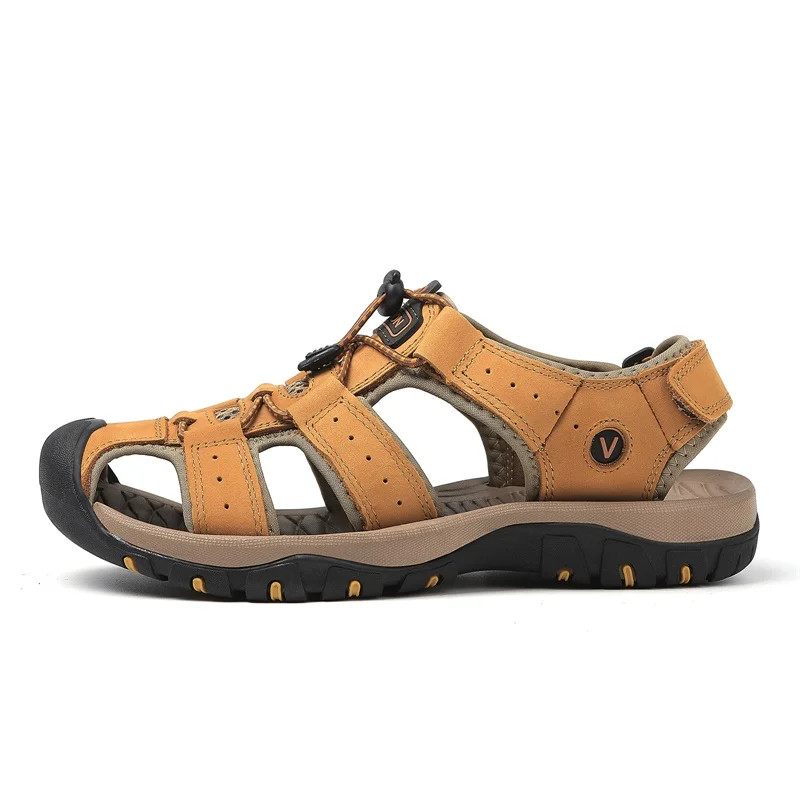 Summer Men Soft Leather Sandals Walking Fishing Roman Shoes Outdoor Beach Khaki
