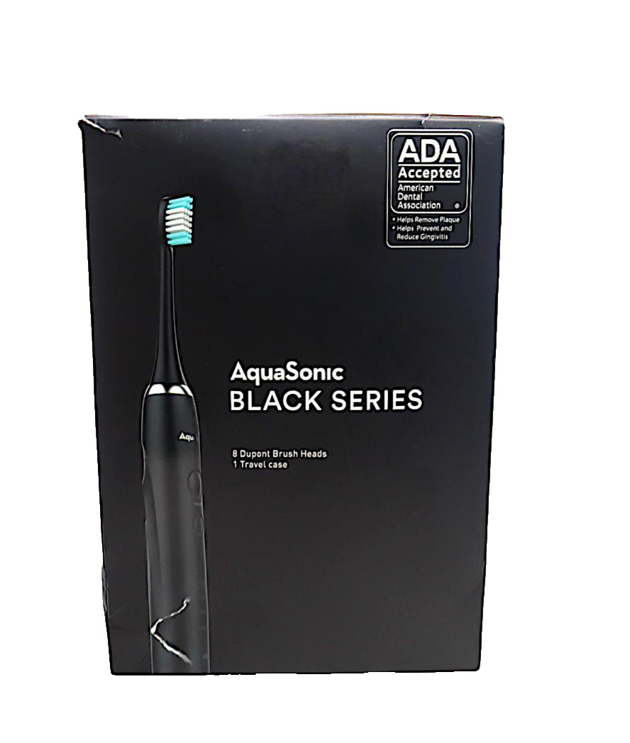 AquaSonic Black Series DuPont Toothbrush w/8 Brus Heads 1 Travel Case.