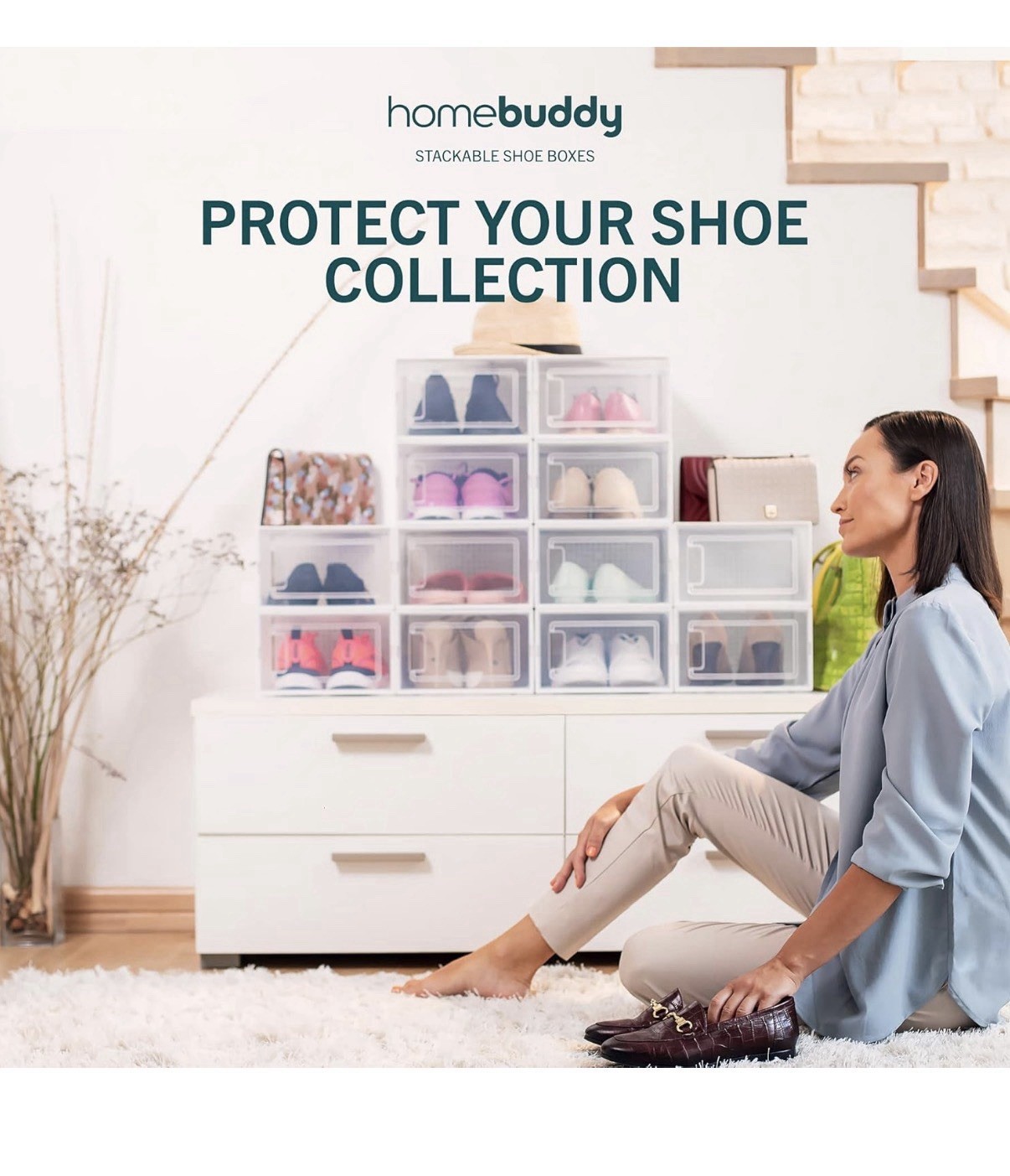 HomeBuddy Stackable Clear Plastic Shoe Storage Box Ventilation System Modern