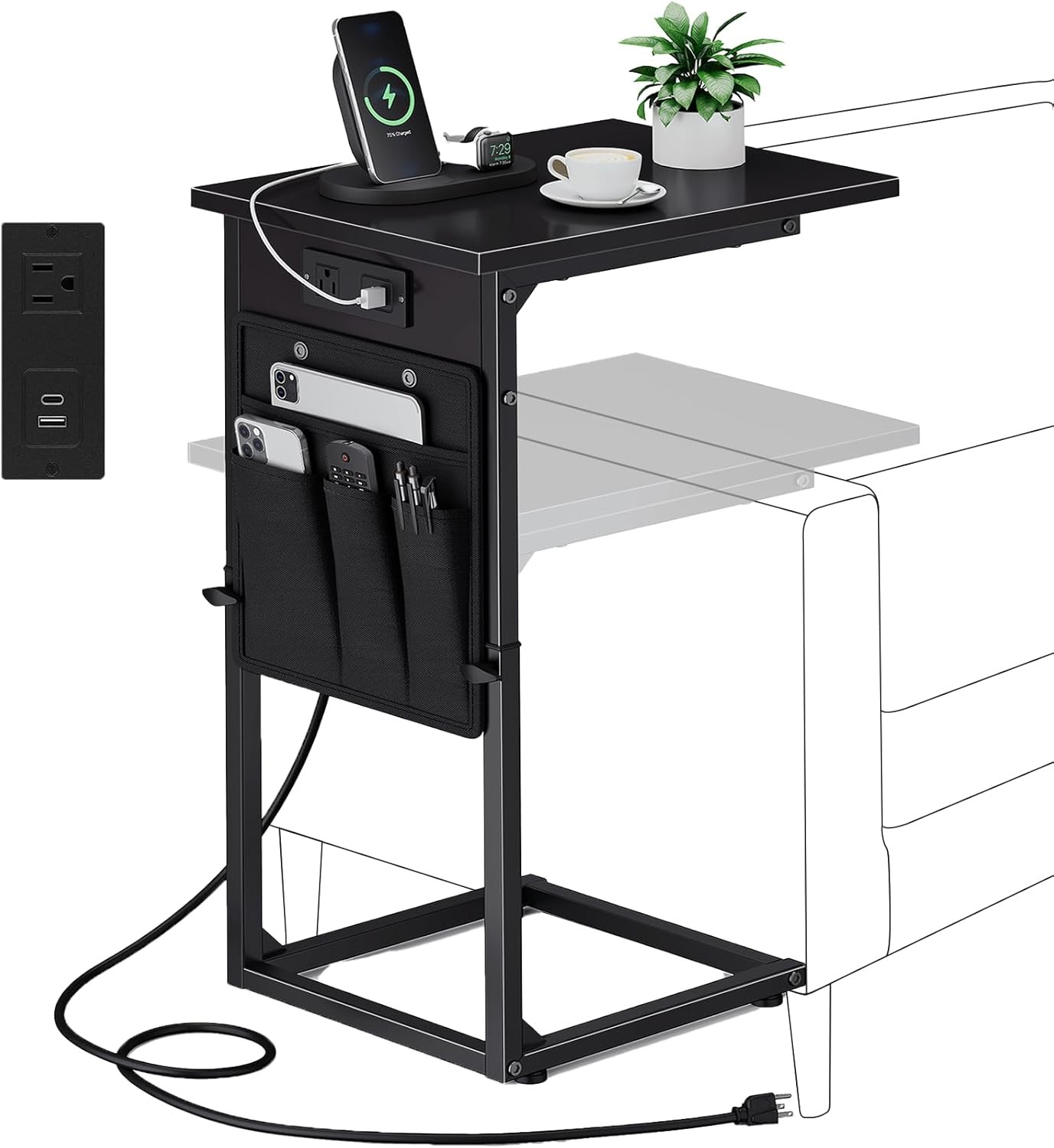 C Shaped End Table with Charging Station Adjustable Height Side Table for Sofa