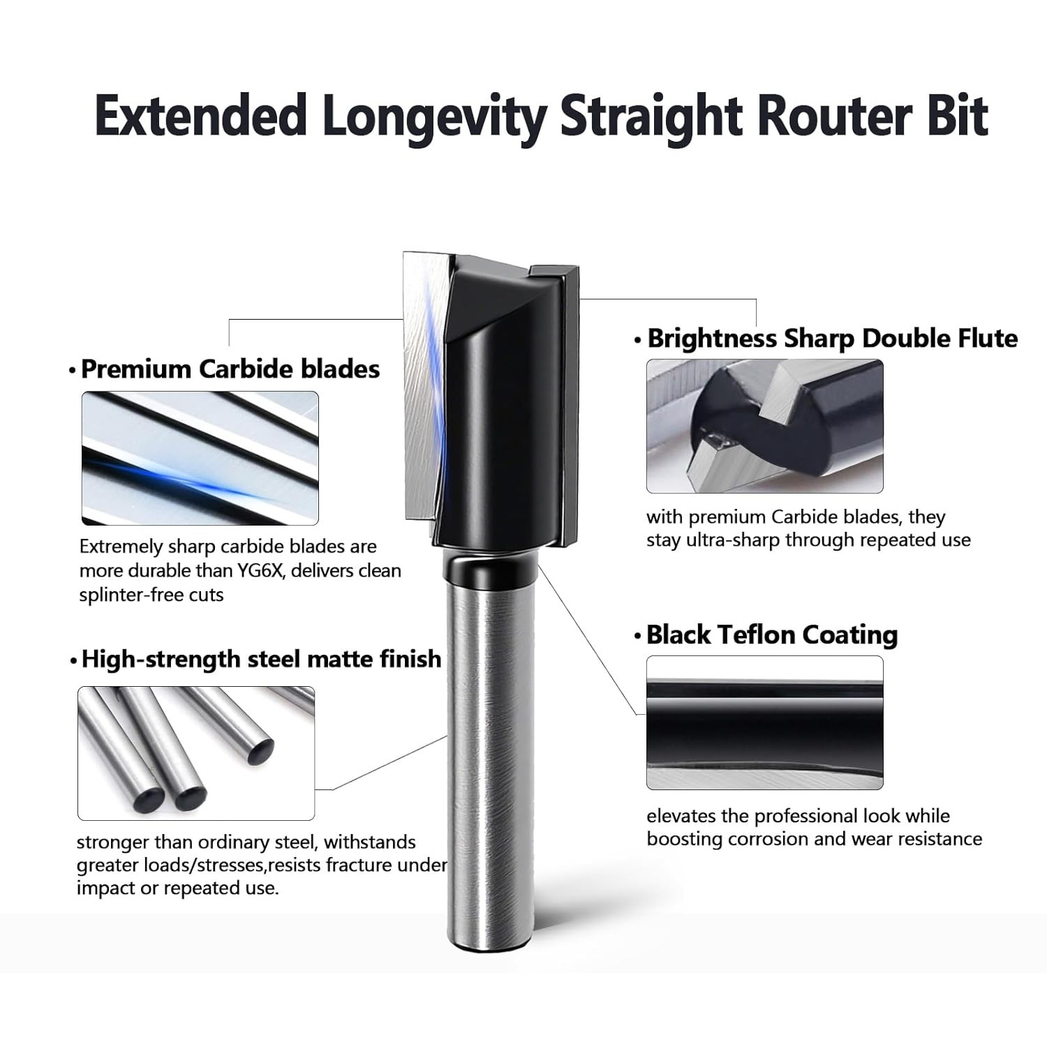 6Pcs Straight Router Bit Set 1/4 Shank, Double 6pcs straight bit shank