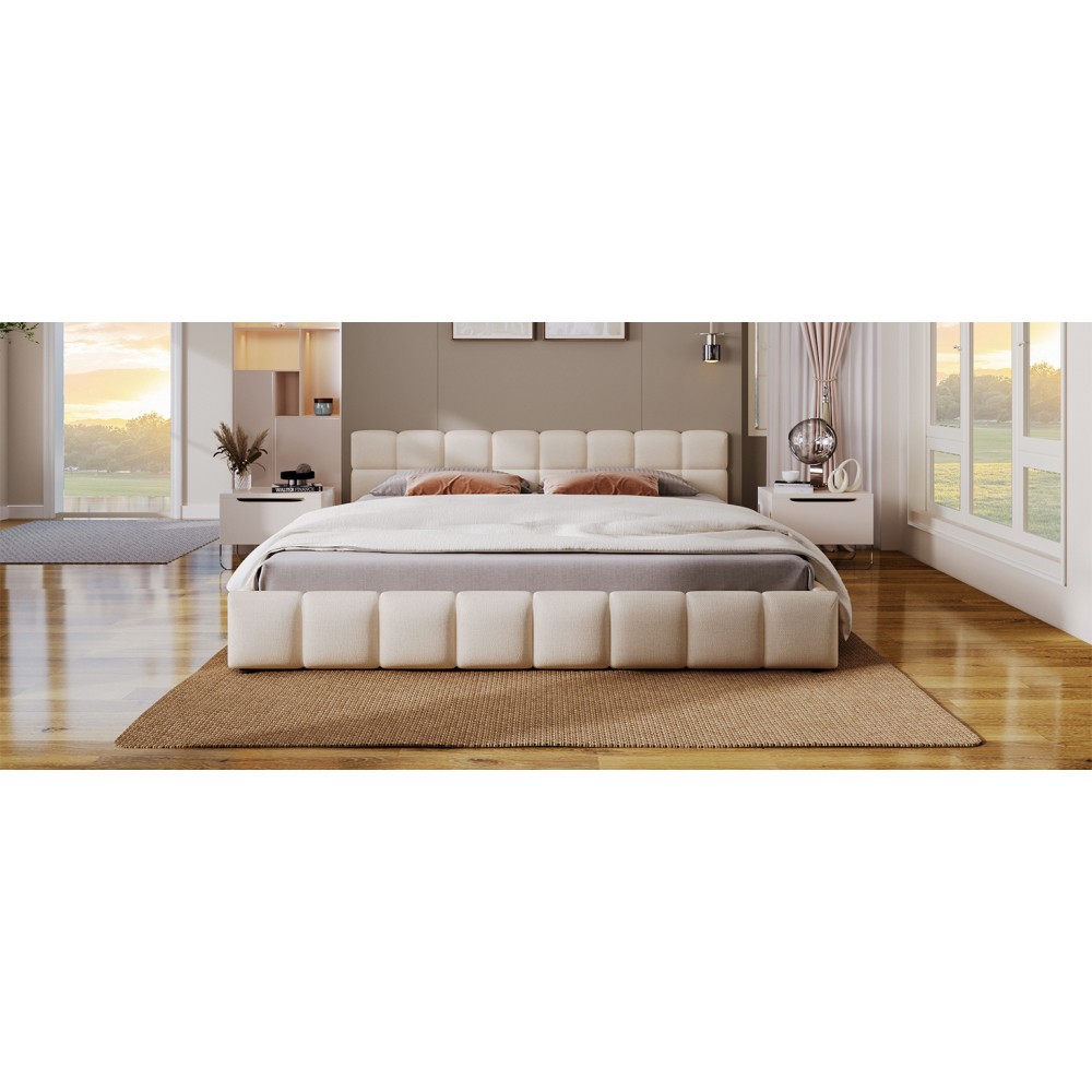 King Size Chenille Upholstered Bed w/ Checkerboard Headboard, Beige