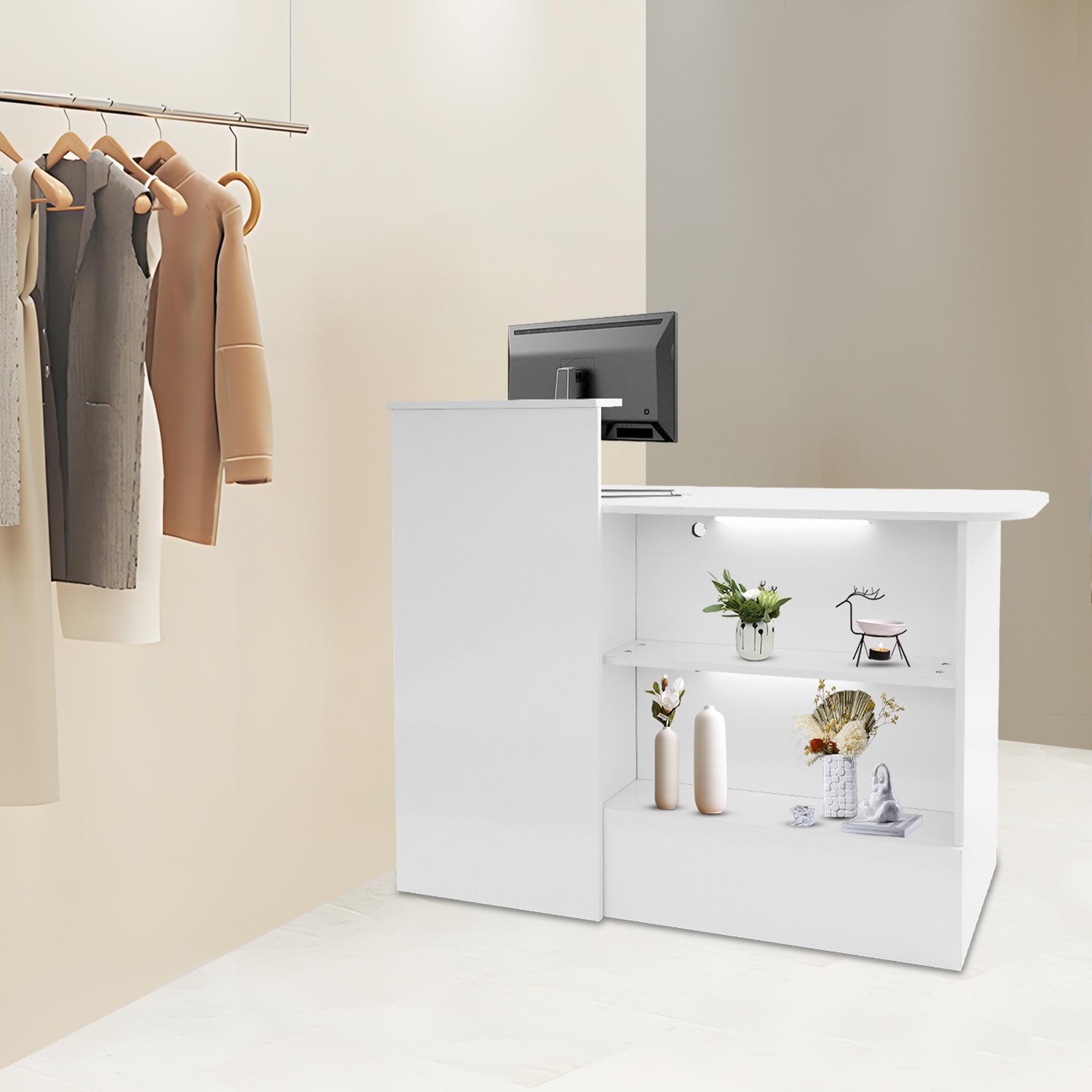 Modern Reception Desk, Transaction Counter Front Table w/Lockable Drawer & Light
