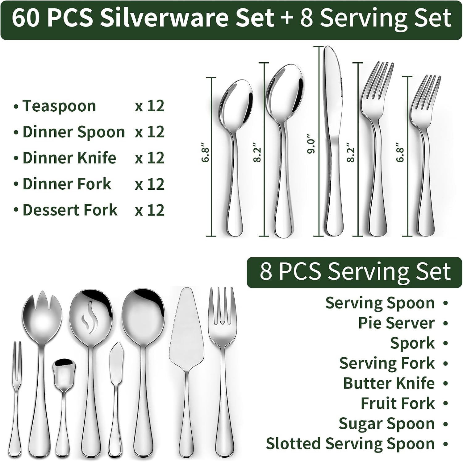 68 Pieces Silverware Set with Serving Utensils Set, Stainless Steel Flatware Se