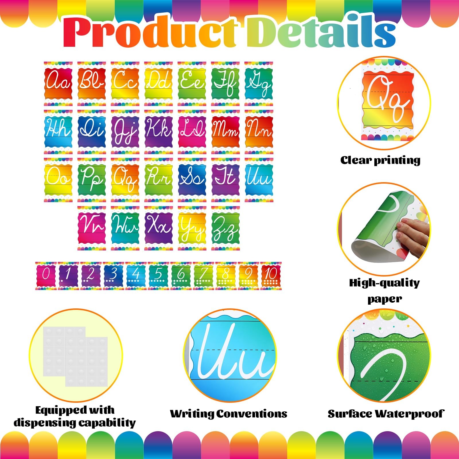 Gilprop 37 Pcs Rainbow Cursive Alphabet Line for Classroom Wall Cursive Alpha...