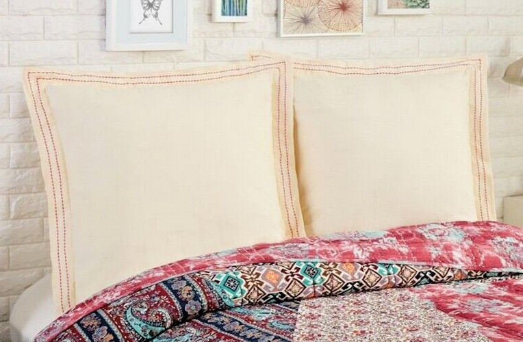 2 Euro Pillow Shams Ivory with Fuchsia Stitching 1977 Dry Goods Parinaaz