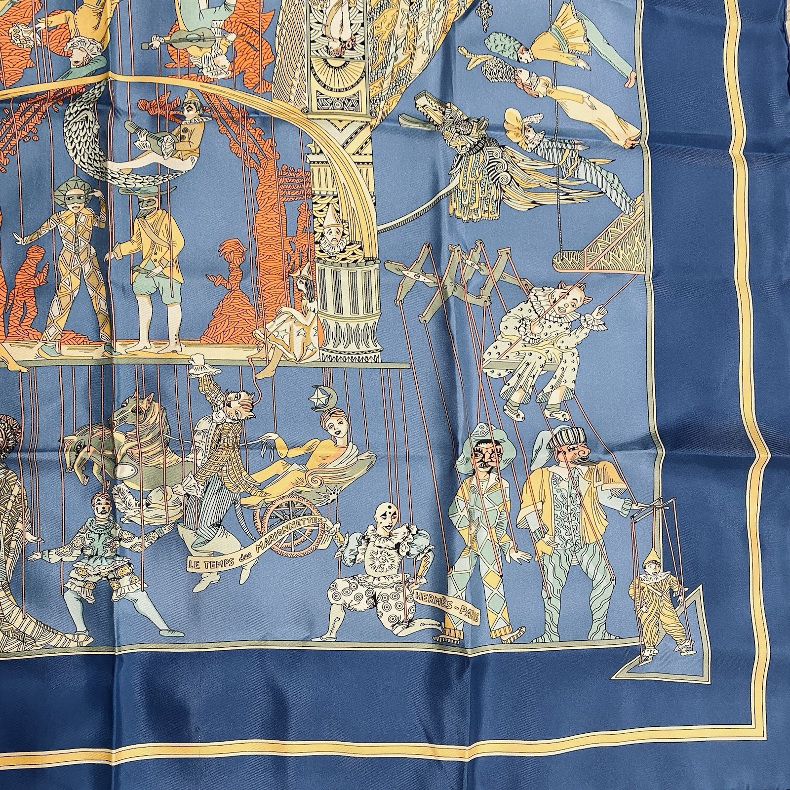 HERMES Women Silk Scarf Blue Multicolor Le Temps Des Marionnettes Carre 90