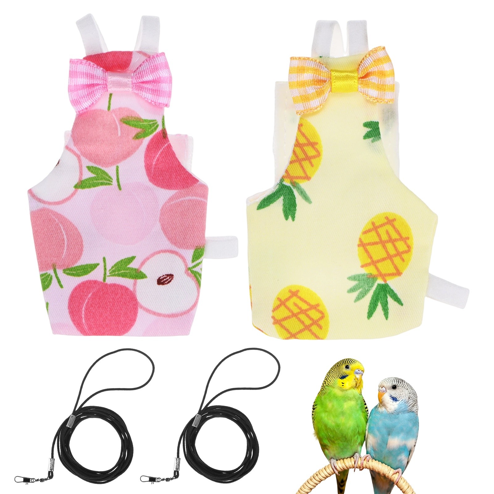 1-Set Bird Diapers with 6.6 ft Leash Reusable Pet Parrot Nappy [Yellow/Pink, S]