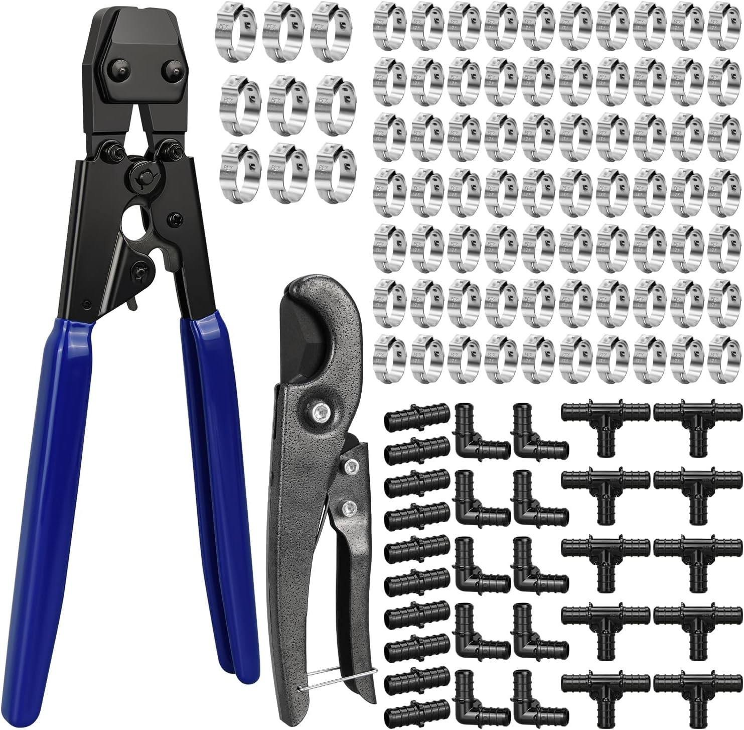 PEX Cinch Clamp Tool Kit 3/8" to 1" PEX Pipe Clamp Cinch Tool W/ 30 pcs 1/2"