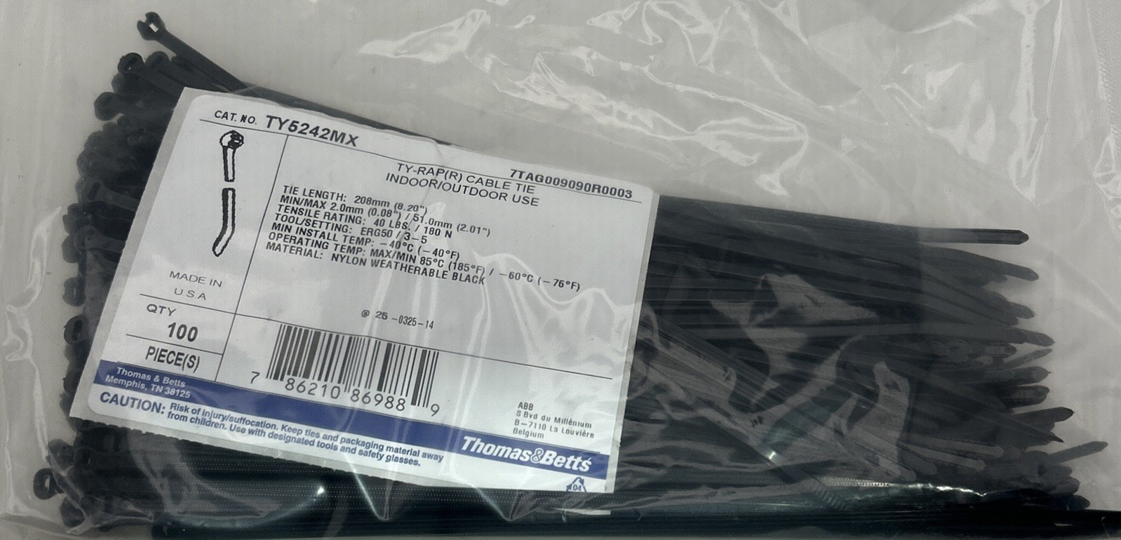 Bag of 100 Thomas & Betts TY5242MX Ty-Rap Cable Tie Black