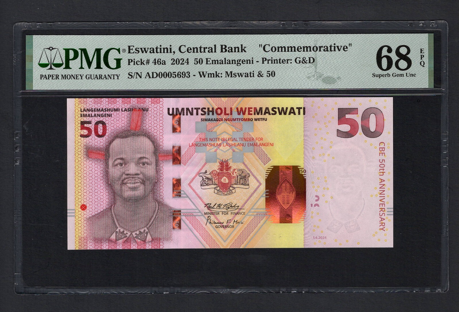 Eswatini 50 Emalangeni 2024 P46a Uncirculated Grade 68 Top Pop