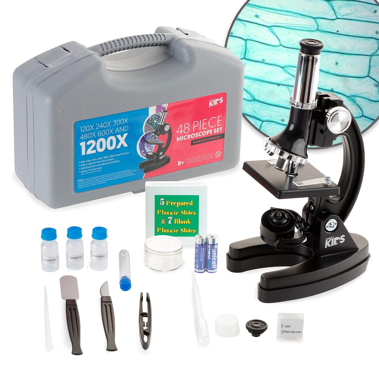 AMSCOPE Kids Microscope Set 48 Piece 120X - 1200X NEW