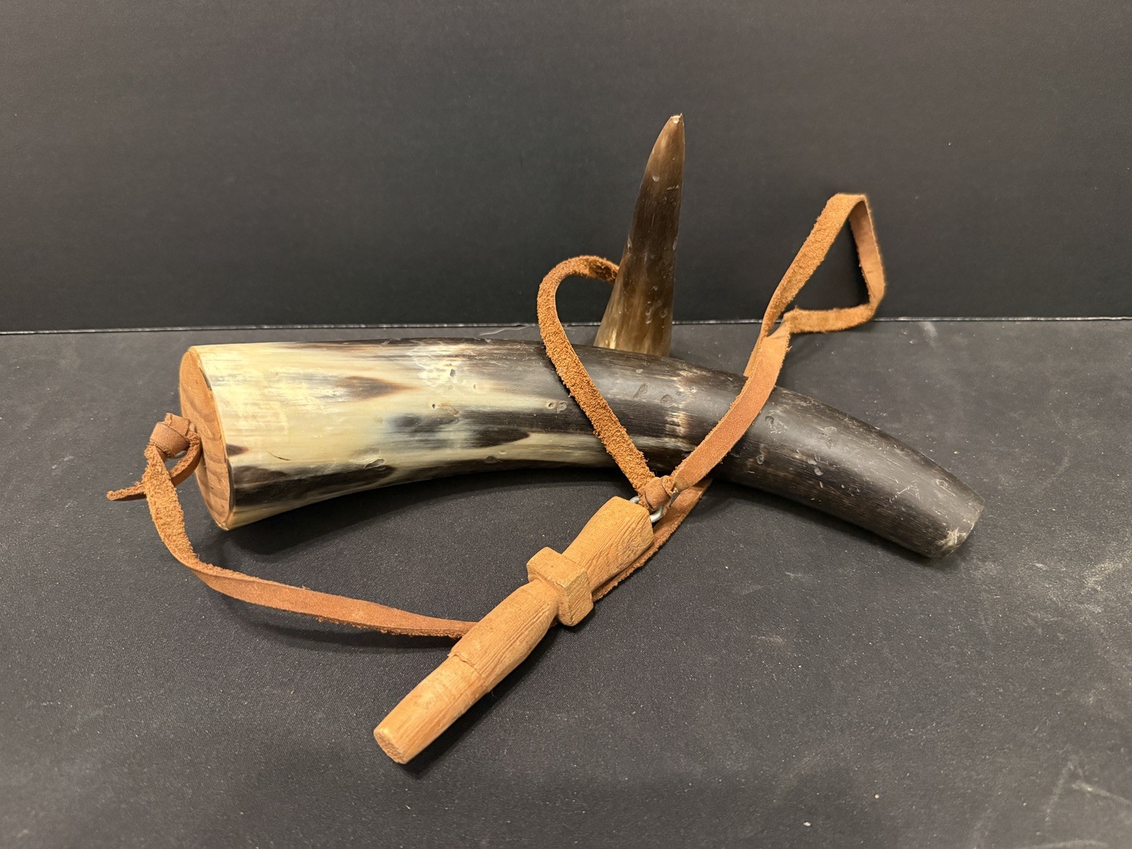 Vintage Gunpowder Powder Horn w/Packer And Leather Strap - Ships Free