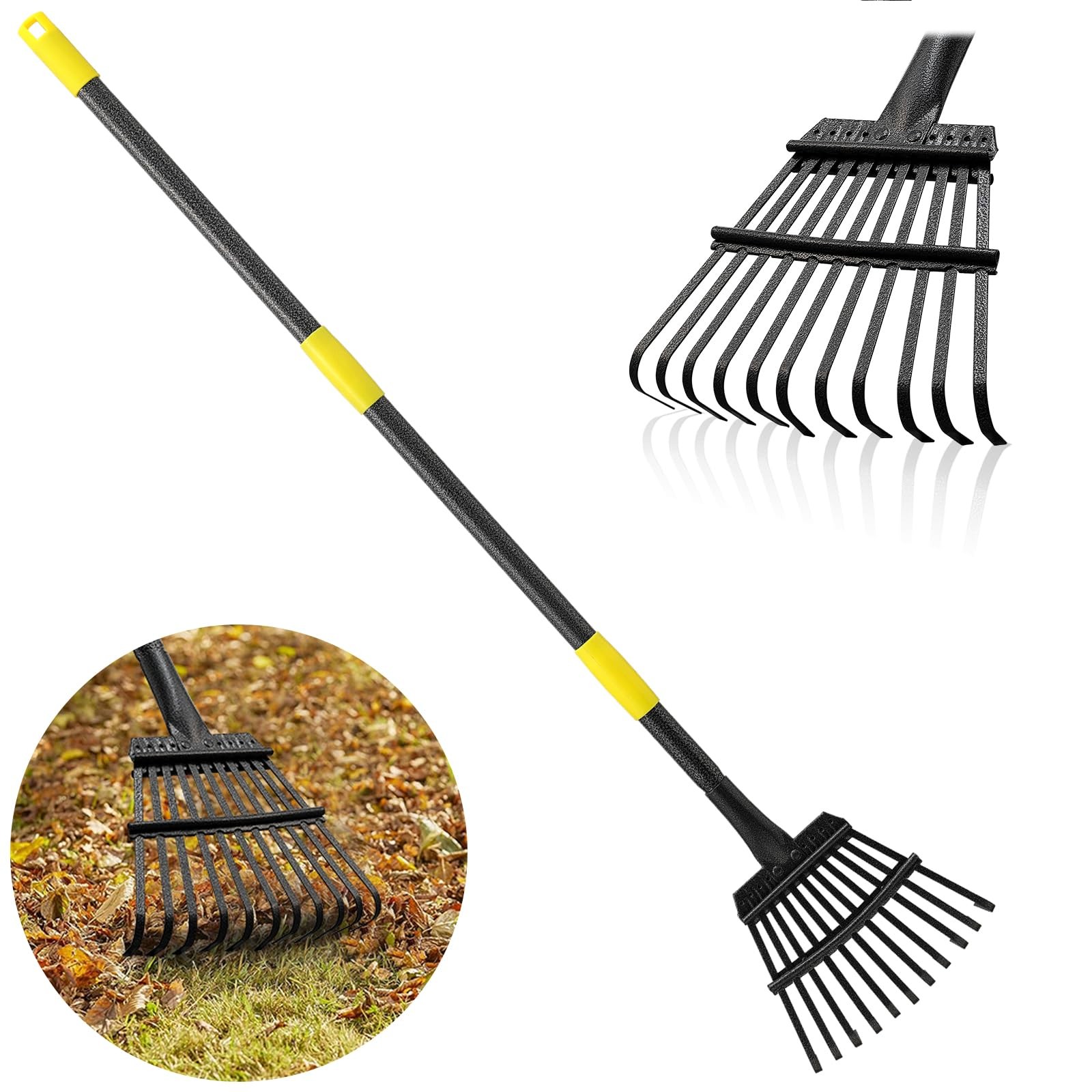 Heavy Duty Garden Rake with Adjustable Handle, 9" Narrow Head, 11 Steel Tines