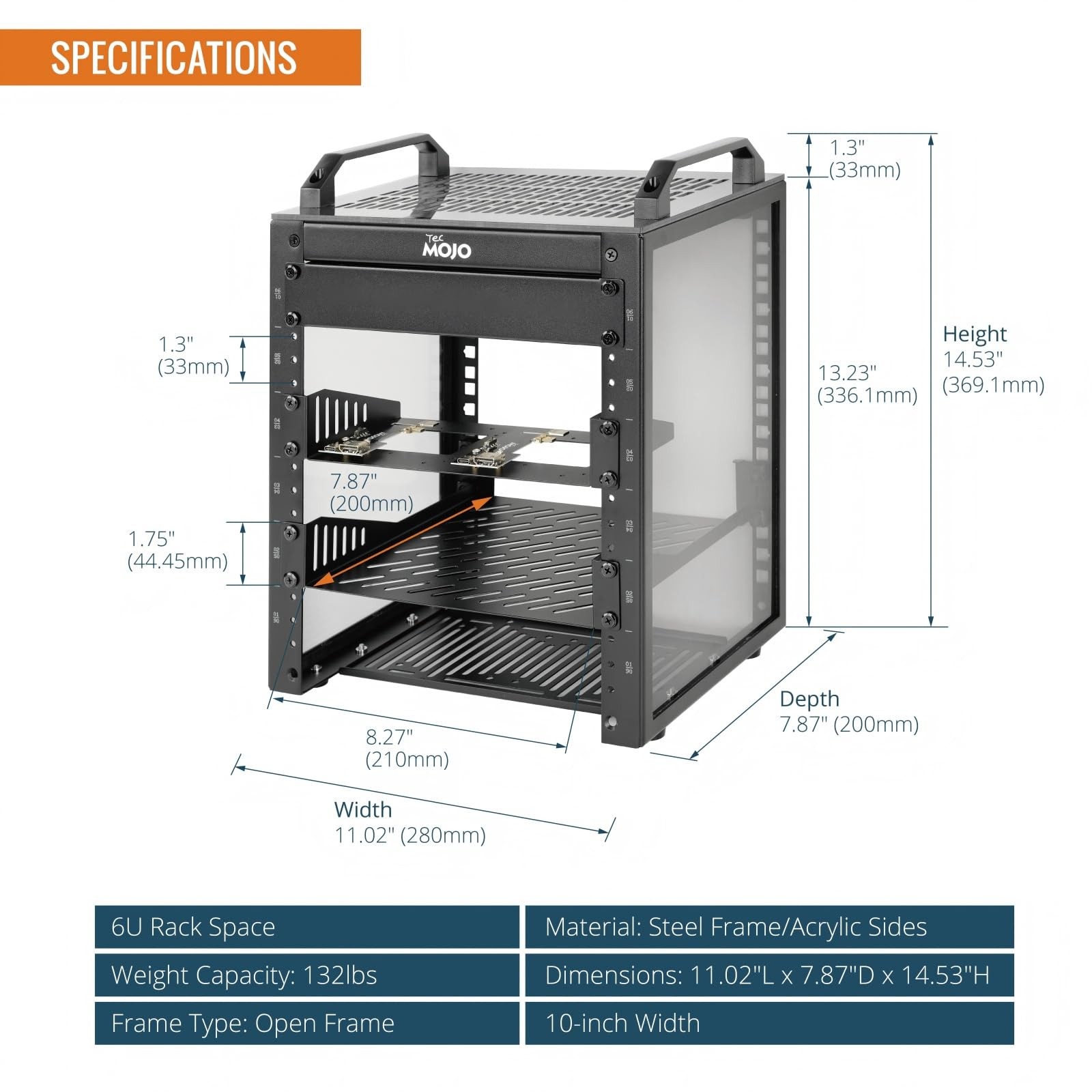 Compact 6U Mini Network Rack with Translucent Panels & Handles, Black