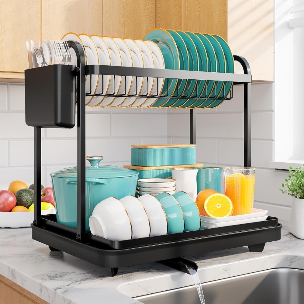 2-Tier Dish Drying Rack - Stainless Steel Dish Rack with Cutlery & Utensil