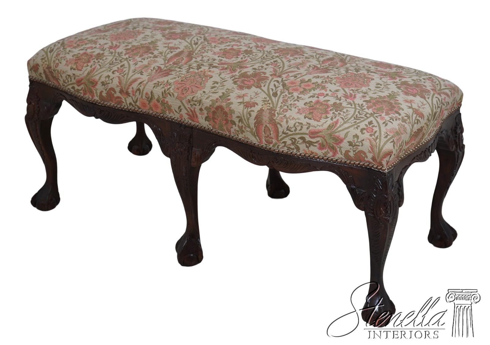 L63663: Chippendale Ball & Claw Carved 6 Leg Upholstered Bench