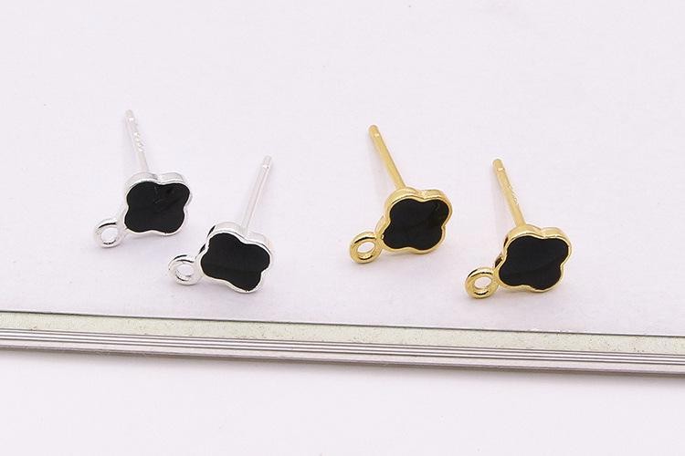 1Pair Sterling Silver Enamel Clover Stud Earrings Component, Flower Earrings Su