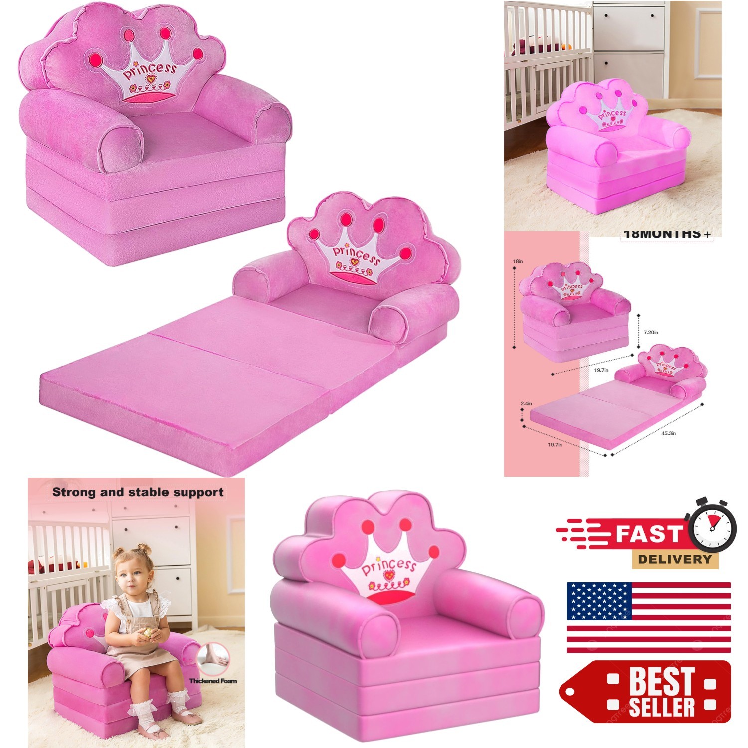 Soft Crystal Velvet Fold-Out Princess Chair - Perfect Birthday Gift for Girls