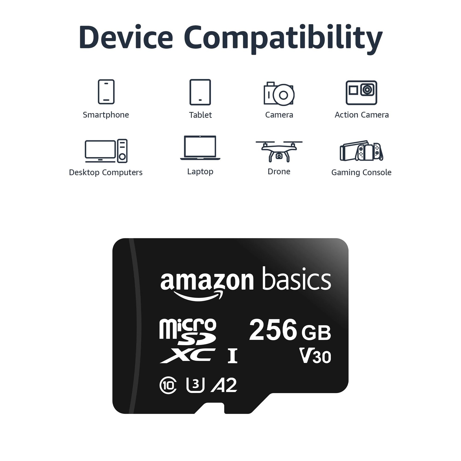 Amazon Basics microSDXC Memory Card with Full Size Adapter, A2, 256 GB, Black