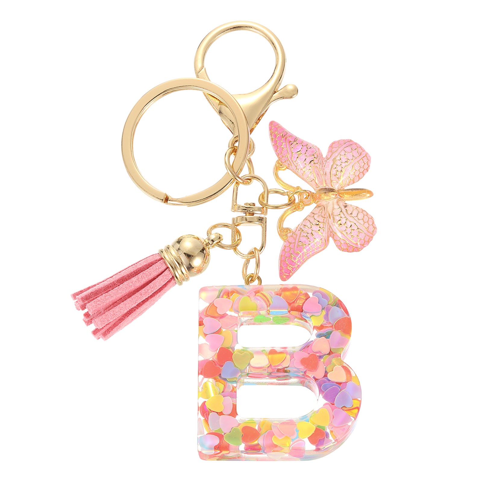 Initial Letter Keychains, Resin Cute Pendant with Butterfly & Tassel, Pink-B