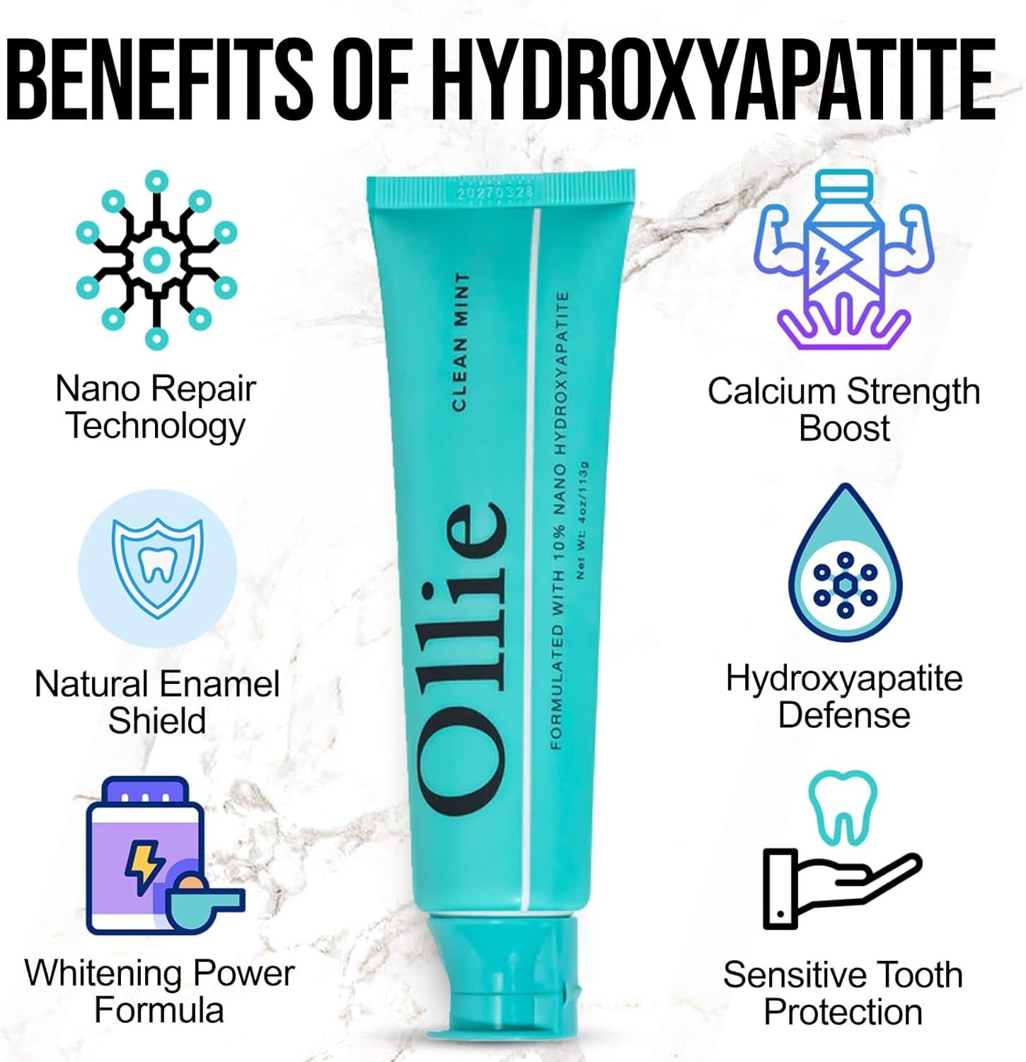 Ollie Clean Mint Nano Hydroxyapatite Toothpaste for Teeth Whitening, 10% Hydroxy