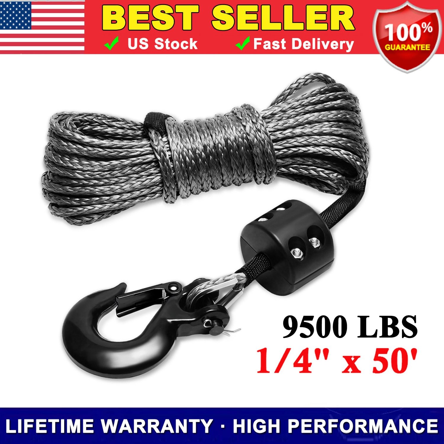 SPARKWHIZ 1/4" x 50' Synthetic Winch Rope Cable 9,500 lbs w/Sleeve + Winch Hook