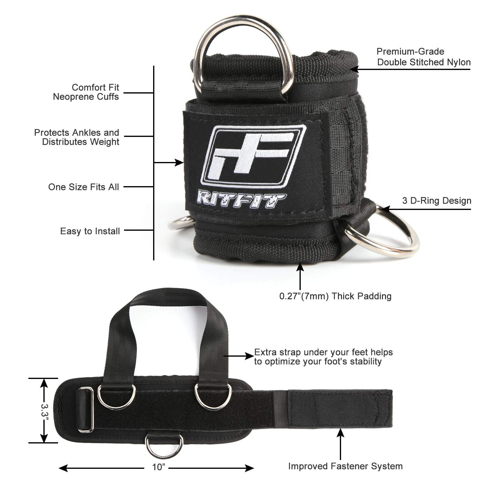 RitFit Kickback Ankle Straps Padded Strap for Cable One Size, Black