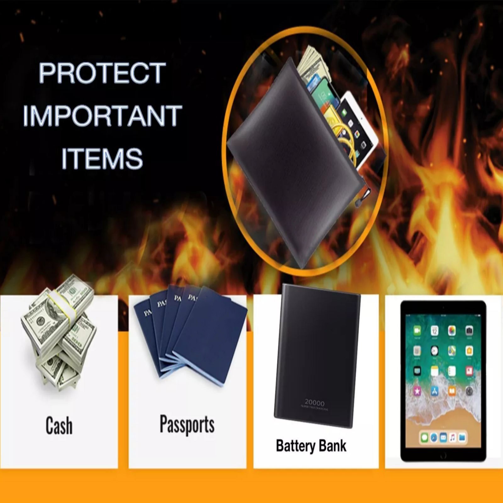 Portable Fireproof Waterproof Document Bags Envelope File Folder Cash Pouch